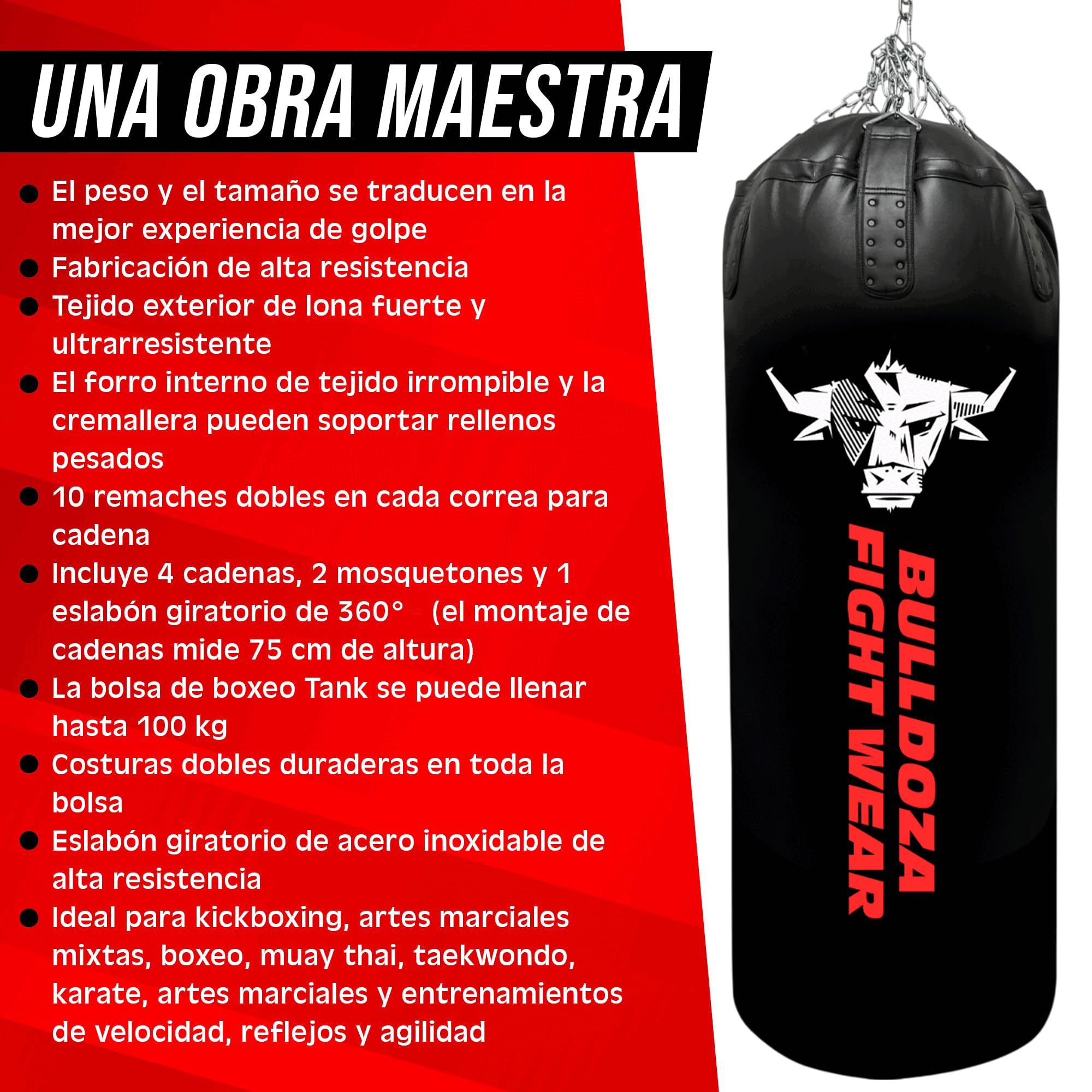 XL Tank Bull Doza Fight Wear - Saco de boxeo con cadenas colgantes, giratorio, mosquetones, bolsa de boxeo