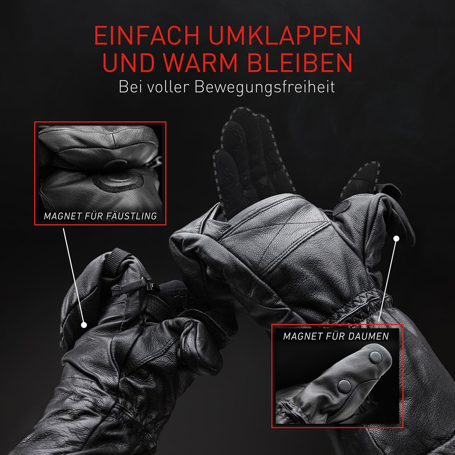 THE HEAT COMPANY Shell Full Leather Handschuhe - Die Innovation: Extra warme Leder Fäustlinge zum Umklappen - Winterhandschuhe - Skihandschuhe: Damen, Herren - ohne Unterziehhandschuh