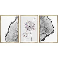 SIGNWIN Framed Canvas Print Wall Art Oak Tree Rings & Paint Dot Dandelions Floral Plants Mixed Media Modern Art Rustic Relax/Calm Black and White for Living Room, Bedroom, Office - 16