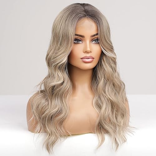 Miniatura 2 de HAIRCUBE Peluca larga ondulada de color marrón oscuro degradado para mujer, pelucas de encaje frontal con reflejos, peluca rizada de 26 pulgadas,