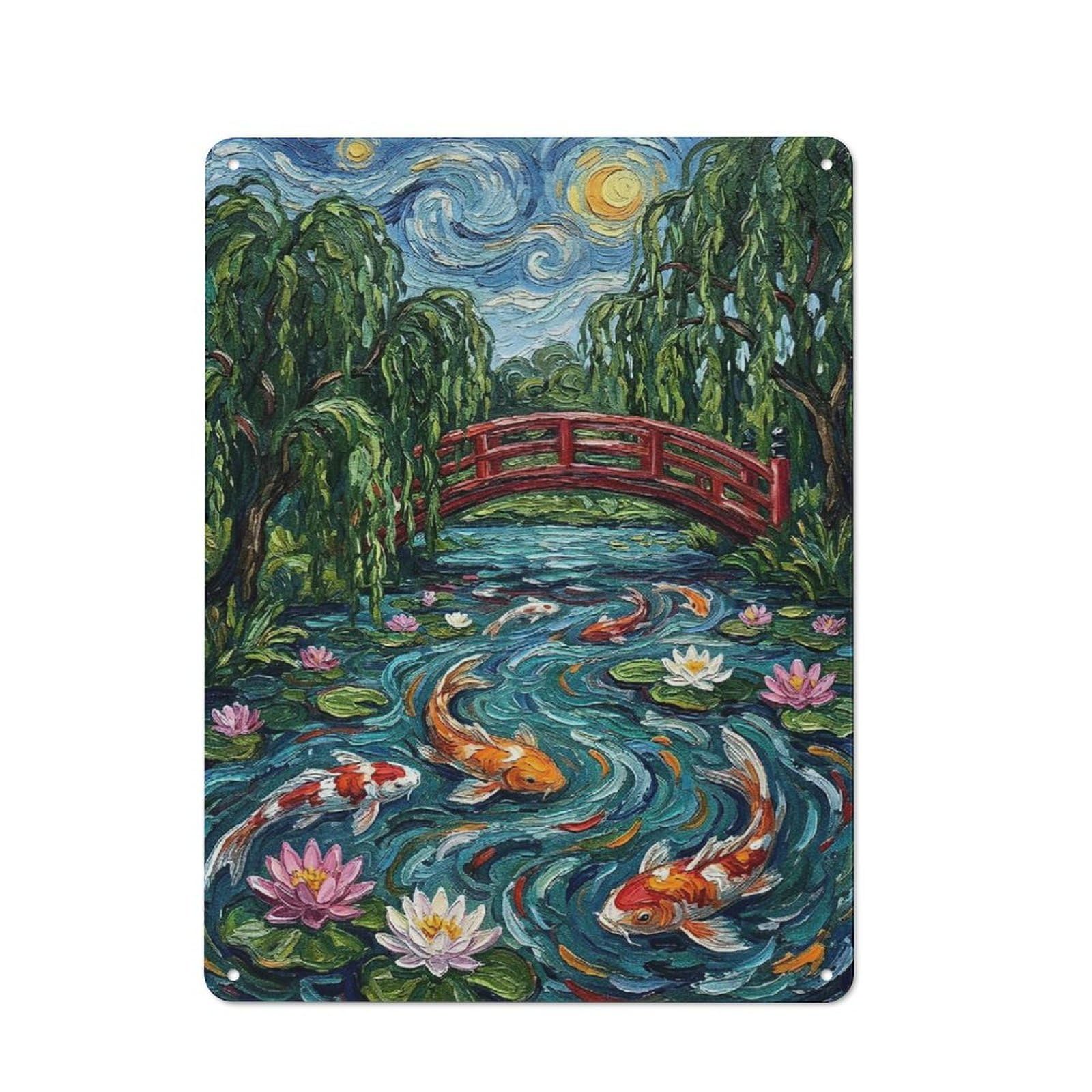 Garage Style Koi Pond with Japanese Bridge Retro Metal Sign 40x30cm, Workshop Wall Decor for Workshop, Basement, Shed Or Games Room