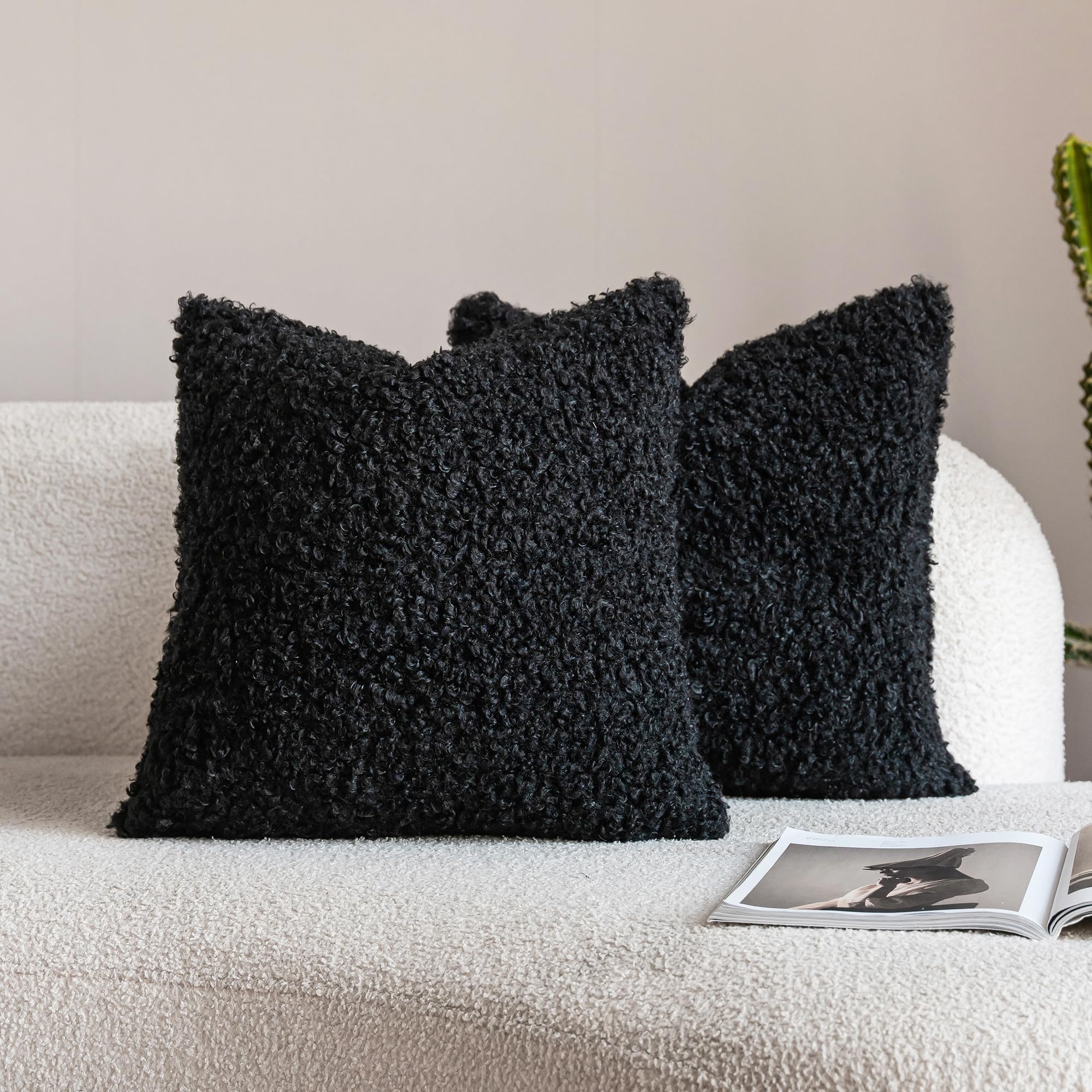 Neelvin Pack of 2 Curly Teddy Sherpa Decorative Cushion Covers 50x50cm 20 x 20Inch Boucle Thick Plush Sheepskin Throw Pillow Covers for Couch Livingroom Sofa Bedroom Black — image 1