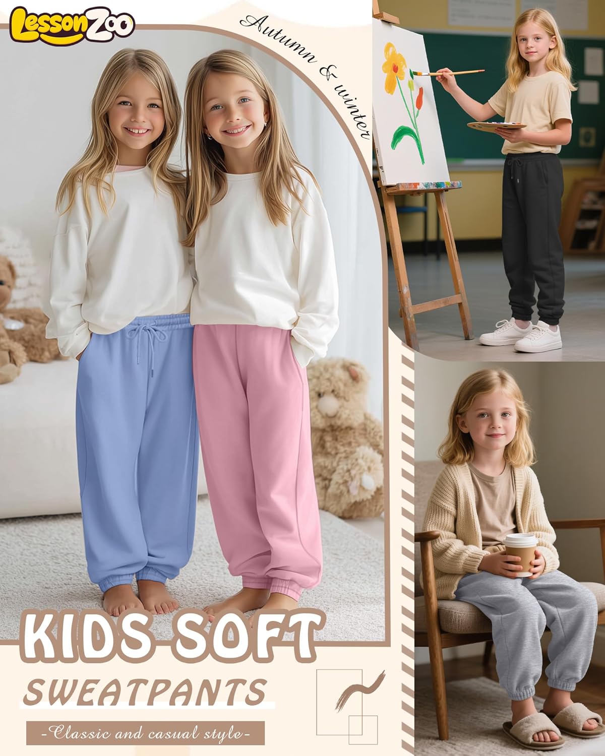 4 Pack Girls Sweatpants Lightweight High Waisted Drawstring Active Joggers Kids Soft Athletic Pants with Pockets