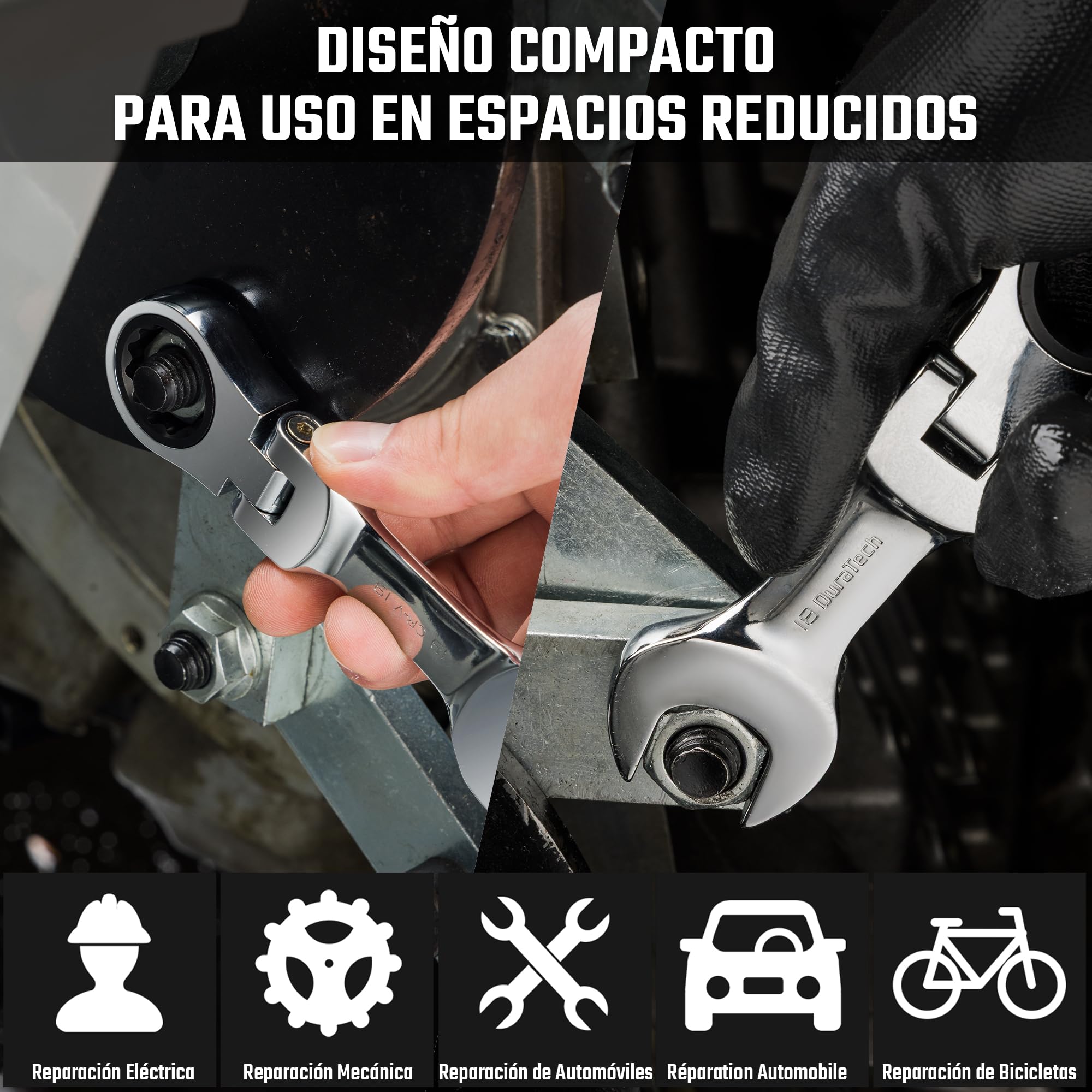 DURATECH Juego de llaves combinadas de trinquete Stubby Flex-head, métricas, 12 piezas, 8-19 mm, acero CR-V, con bolsa