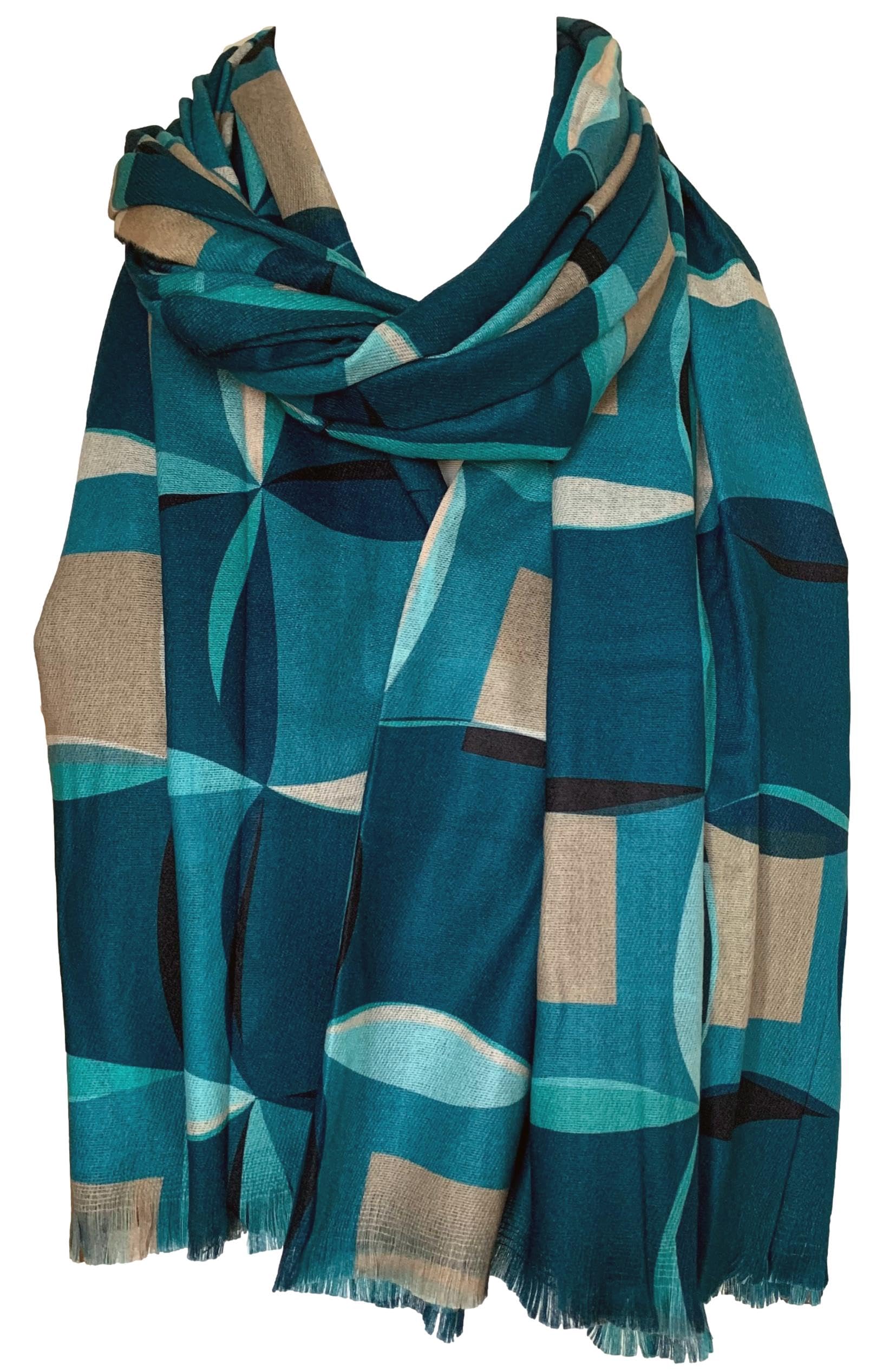 Teal Scarf Teal Green beige Geometric Pattern Wrap Women's Lightweight Shawl New