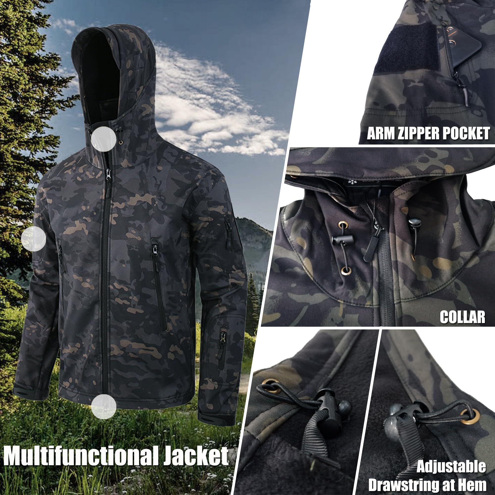 Kelmon Uomo Tattico Softshell Giacca Multifunzionale Outdoor Camouflage Militare Pile Fodera Impermeabile Antivento Calda Cappuccio Cappotto