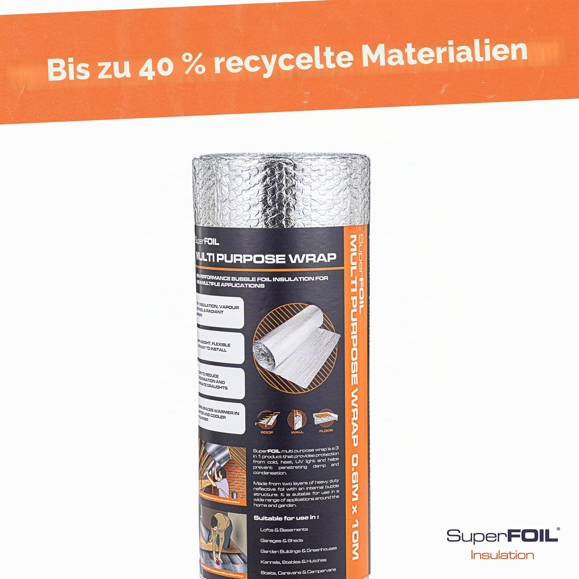 SuperFOIL Dämmfolie 0,6m x 10m - Energieeffizientes MDS-Set - Nachhaltige 3-in-1-Wärmeisolierung mit reflektierender Strahlungssperre und Dampfsperre - Zuhause und Auto