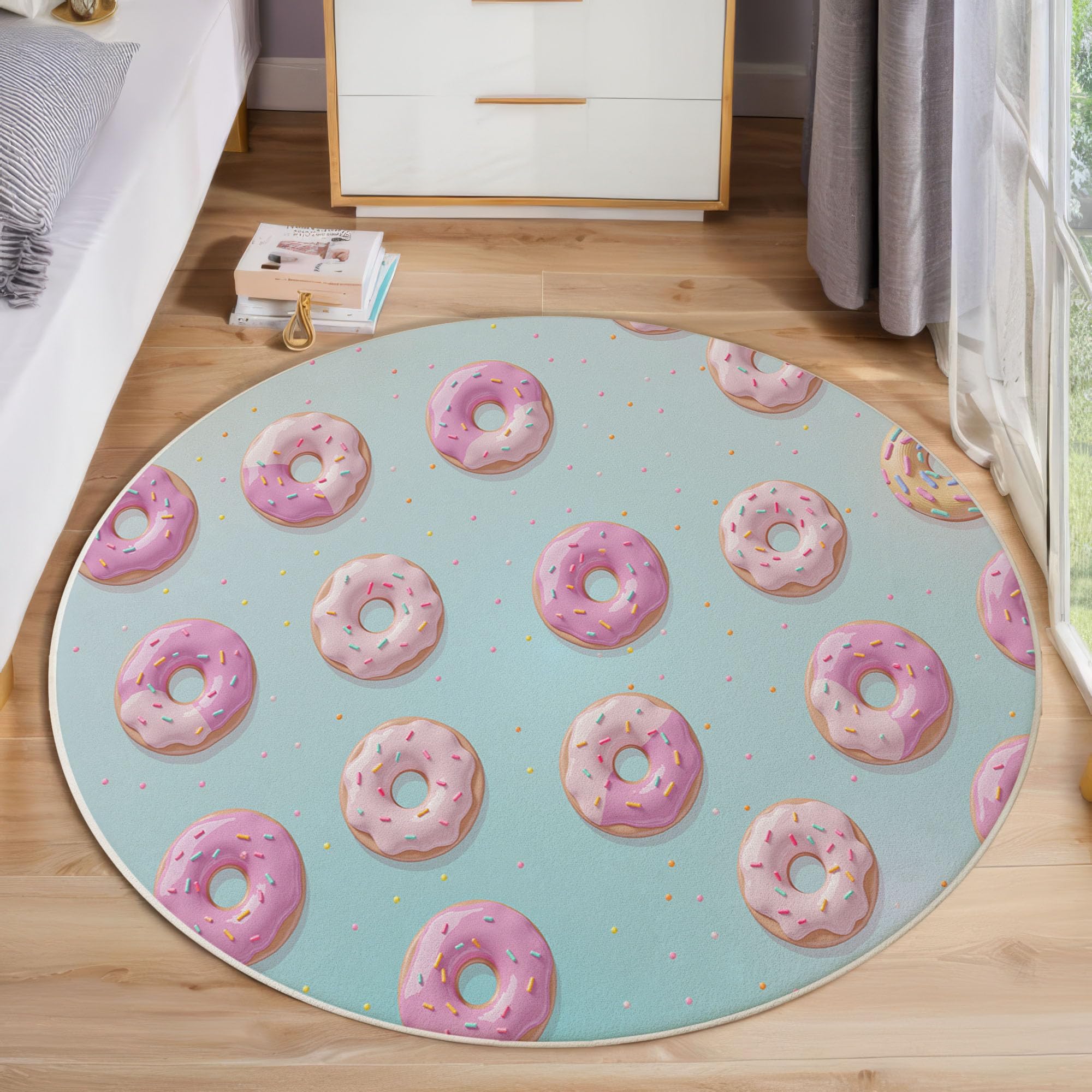 Süß Und Verspielt Teppich Rund 150cm, Donuts Zuckerstreusel Teppich rutschfest Waschbar, flauschig robust Rosa Teppiche, Für Schlafzimmer Wohnzimmer Kinderzimmer Spielzimmer
