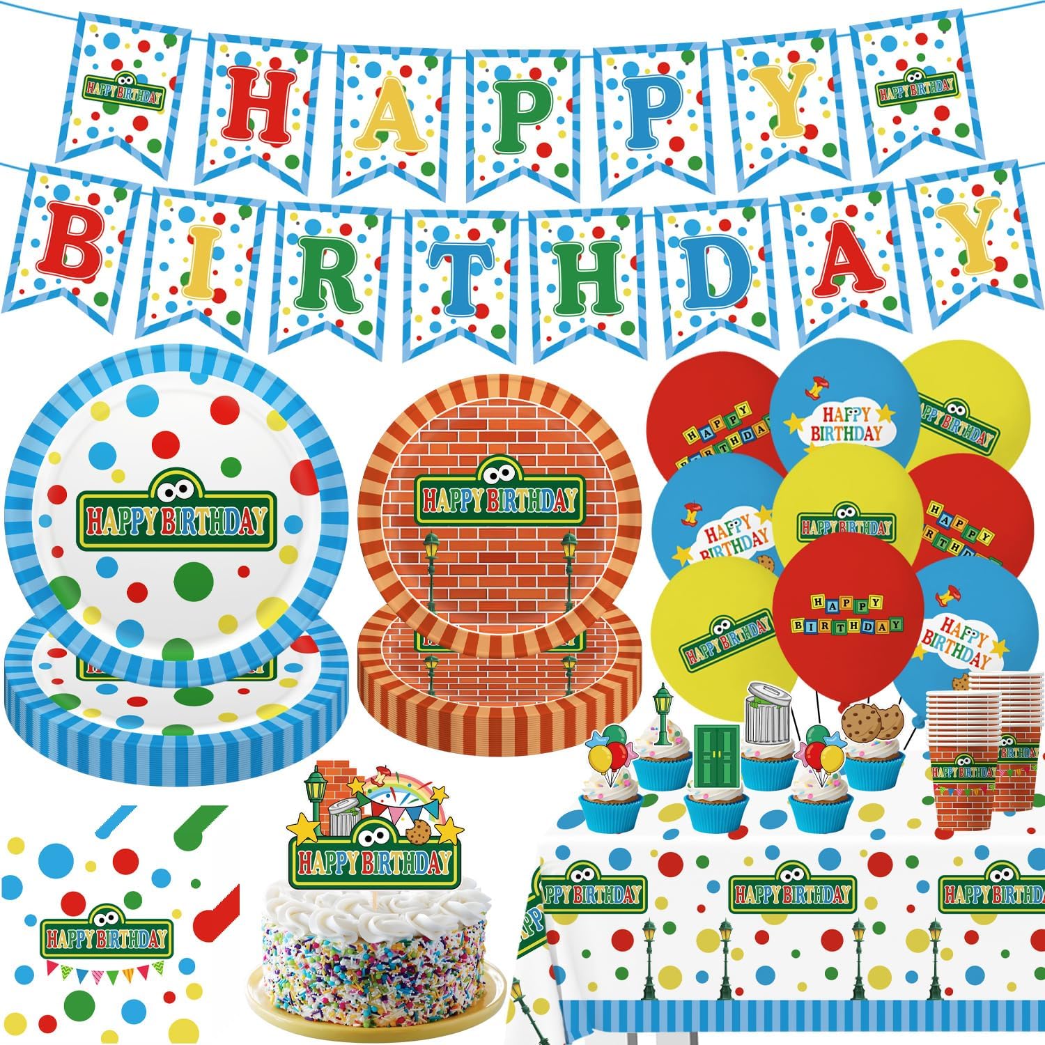 104pcs Birthday Party Decorations Cute Theme Tableware Set Include 9 Inches Plates, 7 Inches Plates, Happy Birthday Banner, Ballons, Napkins, Cups, Tablecloth, Cake Toppers and Cupcake Toppers