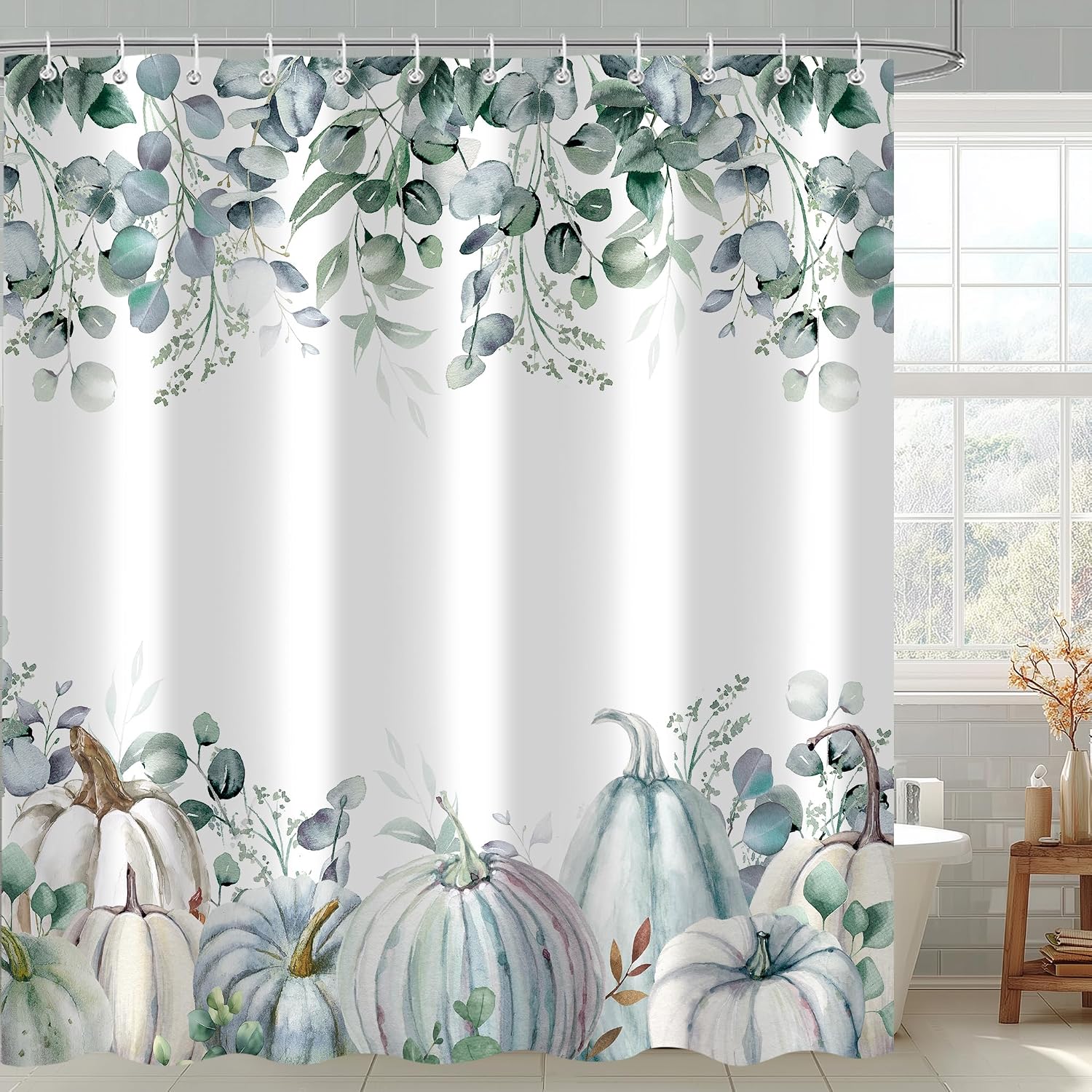 Fall Pumpkin Shower Curtain, Autumn Watercolor Blue Maple Leaves Harvest Thanksgiving Decor Bath Curtain Set, Waterproof Fabric Polyester Bathroom Accessories with 12 Hooks 72x72 Inch image 2