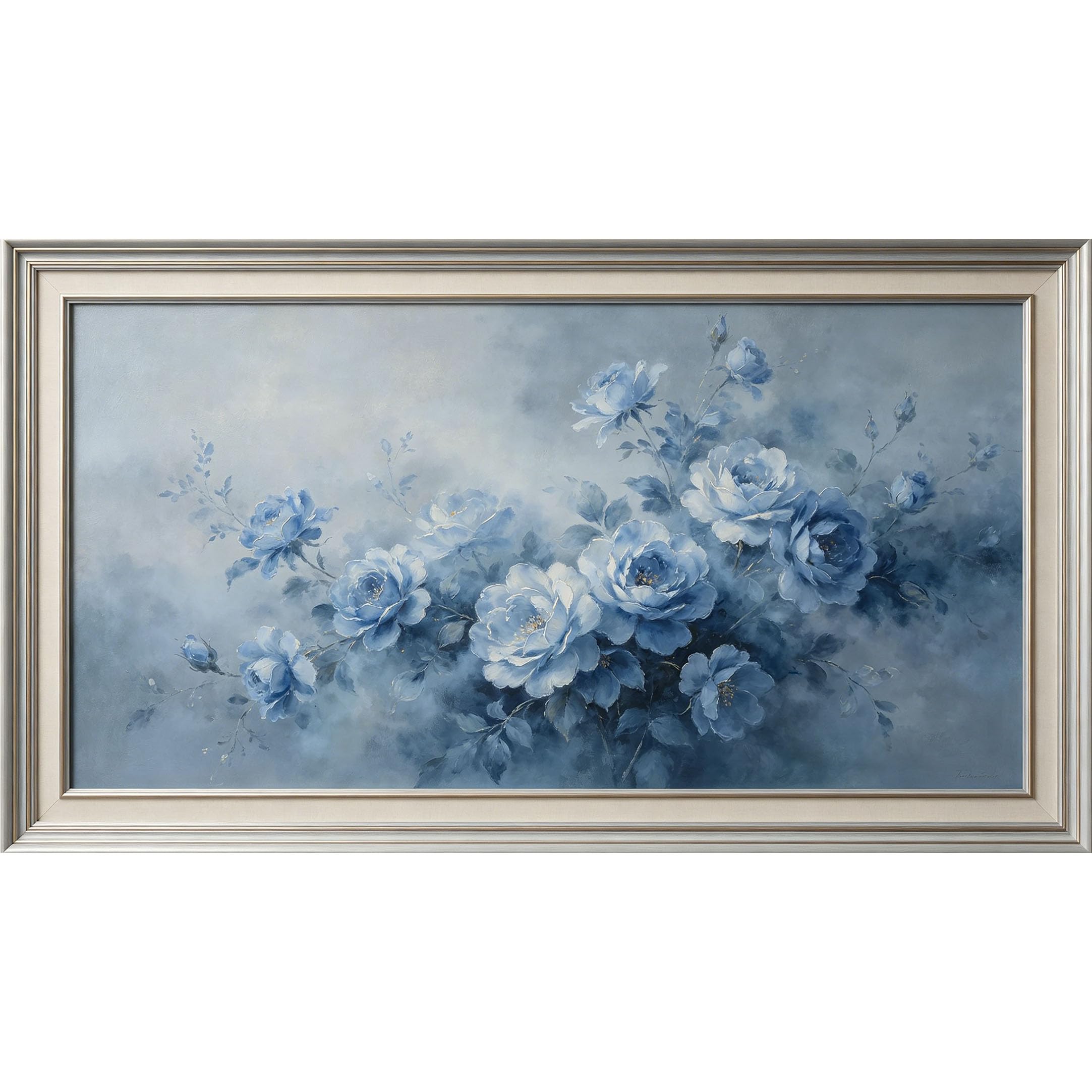 QZLITHOTIC 50×100cm 3D Framed Wall Art， Blue Peony Botanical Watercolor Self?Adhesive Mural， Water?Activated Peel & Stick Fabric Decor Wall Decal for Bedroom Living Room