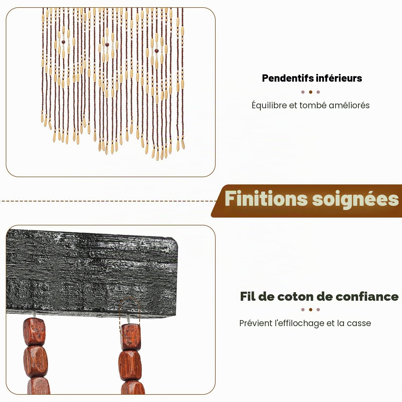 Rideau Pour Porte En Bambou 90x175cm Naturel Avec Perles En Bois Style Rétro À Fils En Bois Anti-insectes Pour Séjour Diviseur Décoratif
