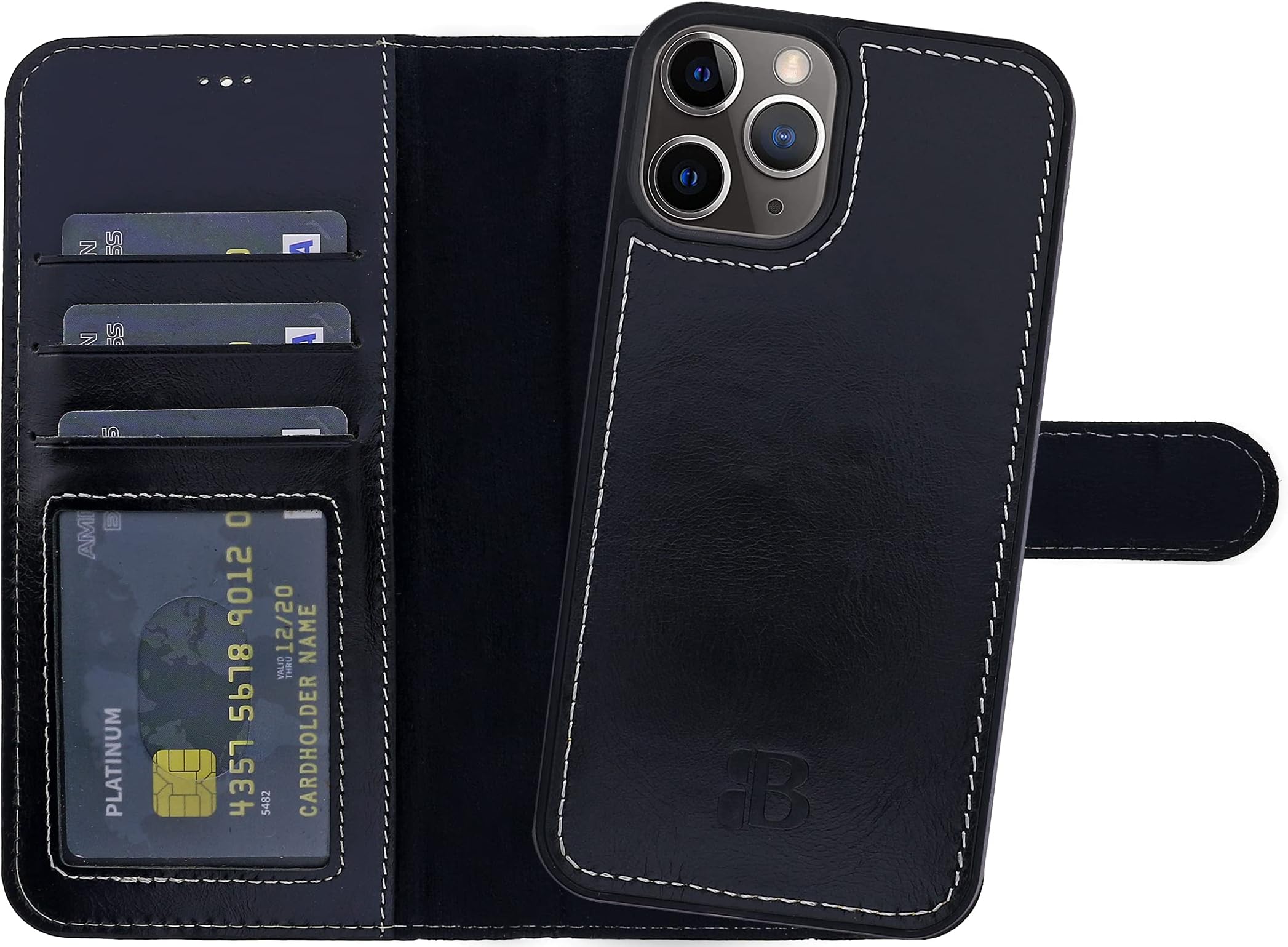 BurkleyMobile Phone Case for iPhone 13 Pro Max Leather Case with Removable Protective Case Detachable Cover - TÜV Tested RFID Protection (Black)