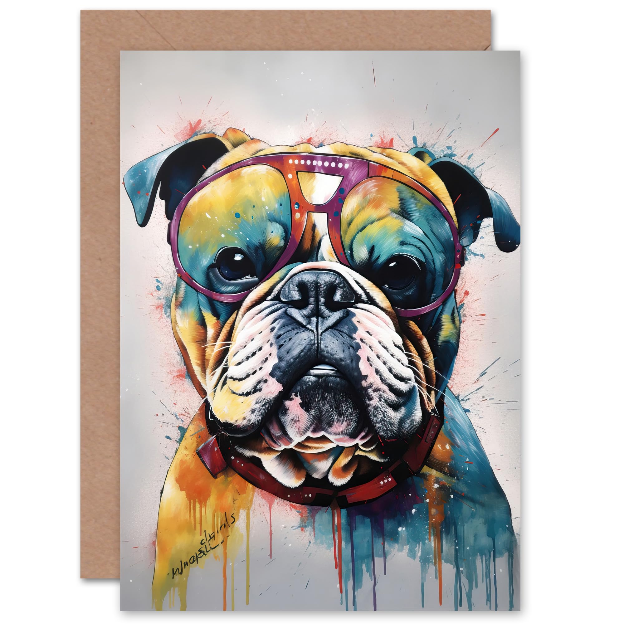 Artery8 Fun Watercolour Bulldog Dog for Husband Him Dad Son Brother Birthday Thank You Congratulations Blank Art Greeting Card