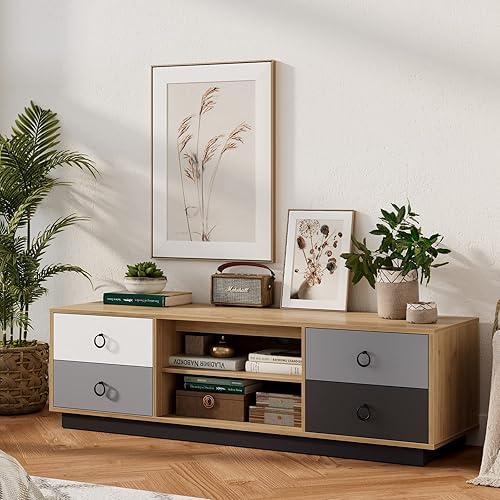 Tangkula Moderno soporte de TV con 2 gabinetes de almacenamiento y 2 estantes ajustables, consola de TV de madera para televisores de hasta 60