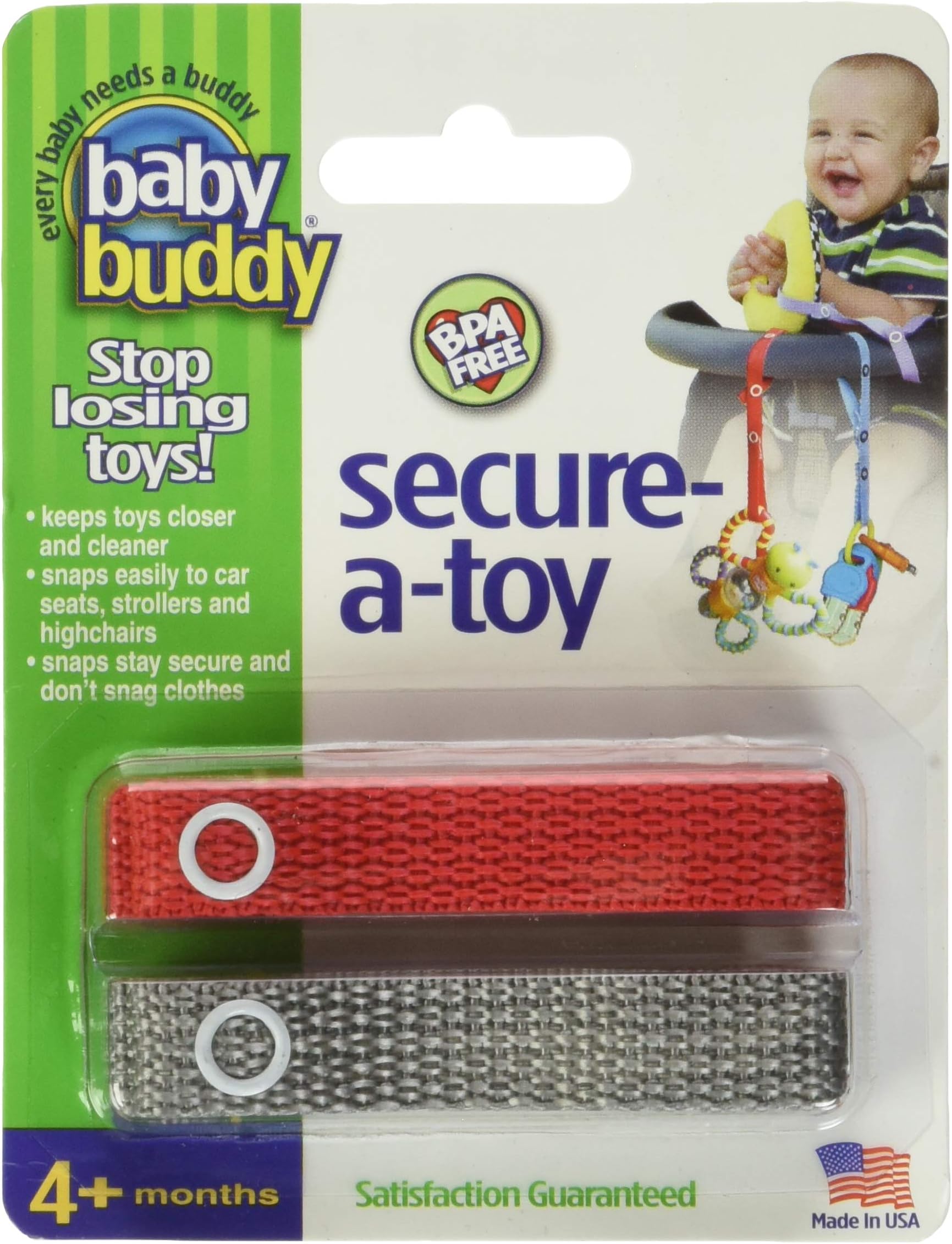 Baby Buddy Secure-A-Toy, Safety Strap Secures Toys, Teether, or Pacifiers to Strollers, Highchairs, Car Seats, Adjustable Length to Keep Toys Sanitary Clean, Registry Must Haves, Red-Silver, 2 Count