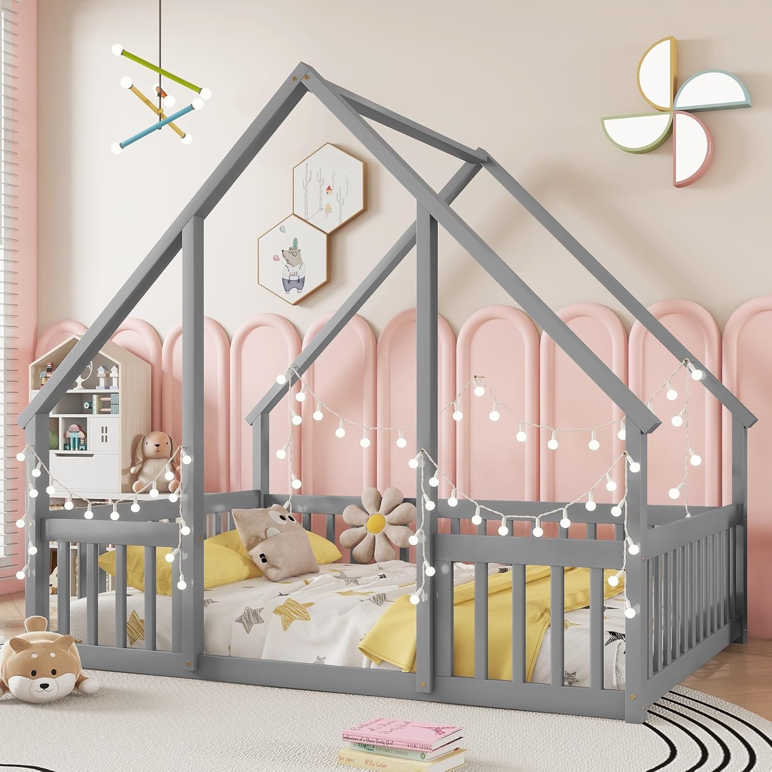 House Bed for Kids, Twin Size Floor Bed with Fence Rails, Wood Montessori Bed Frame for Girls Boys Teens, White