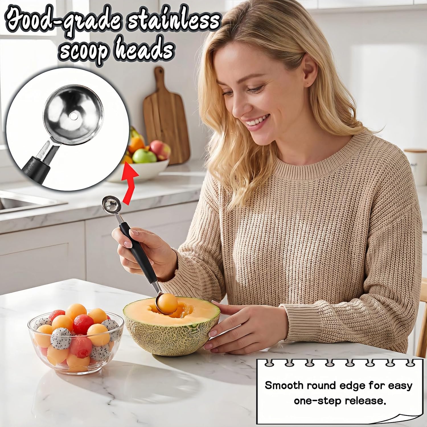 Stainless Steel Melon Baller 2 Pack, Dual Head Scoop for Ice Cream & Fruit