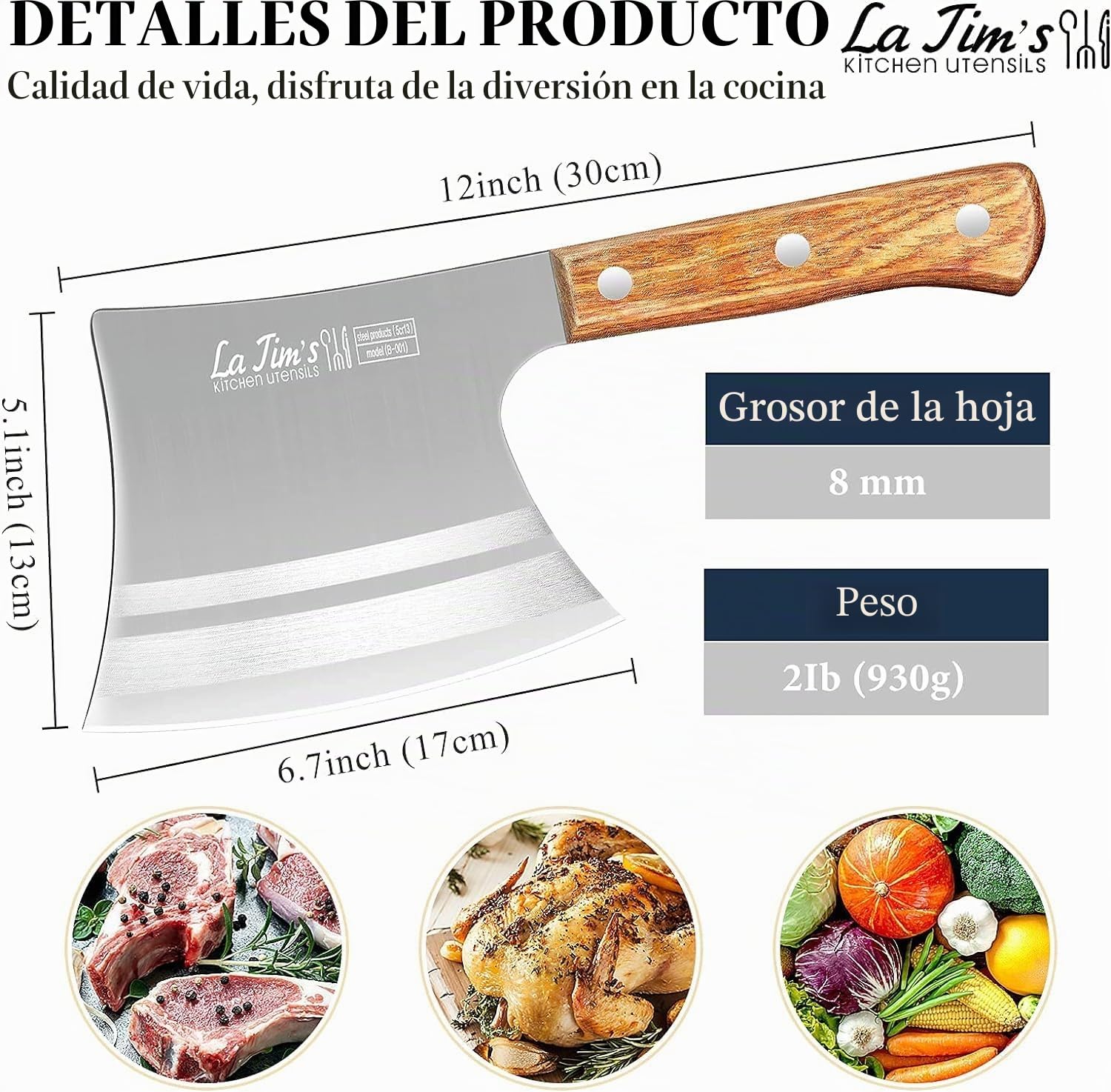 LA TIM'S Cuchillo de carnicero, cuchillo de 0.9 Kg para trabajo pesado con acero forjado a mano con alto contenido de carbono, cuchillo de carnicero para cortar huesos, mango de madera maciza