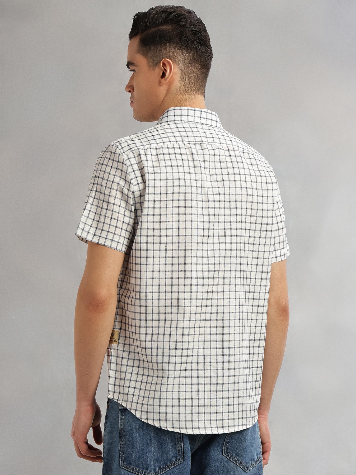 Thomas Scott Camicia da uomo a quadri, mezza manica, vestibilità aderente, misto lino, collo largo, camicia casual