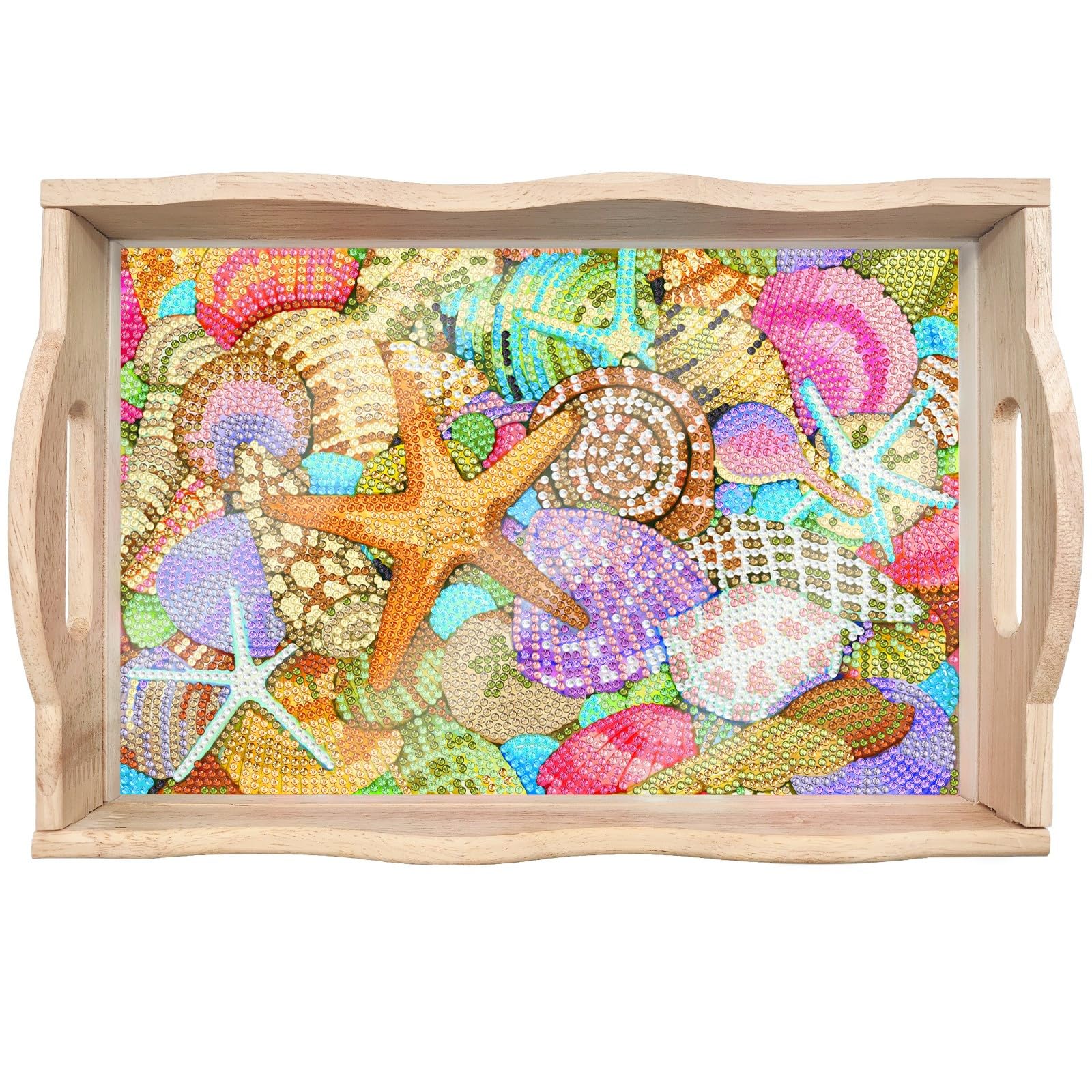 Diamond Art Painted Rectangular Dot Drilled Wooden Tray, Handmade Wooden DIY Restaurant Snack Tray Tea Tray Coffee Tray Diamond Wooden Tray Dinner