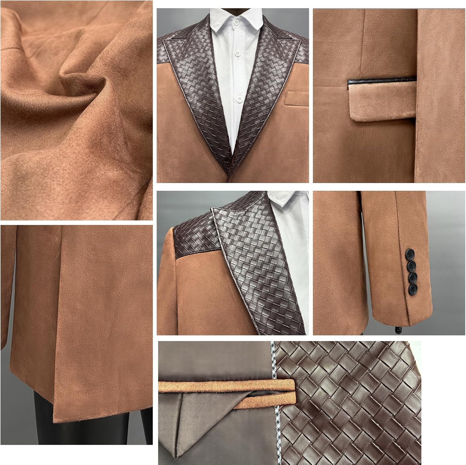 Men's Vintage Brown Suede Blazer with Leather Trim | Classic Fit Business Casual Sport Coat - Image 3