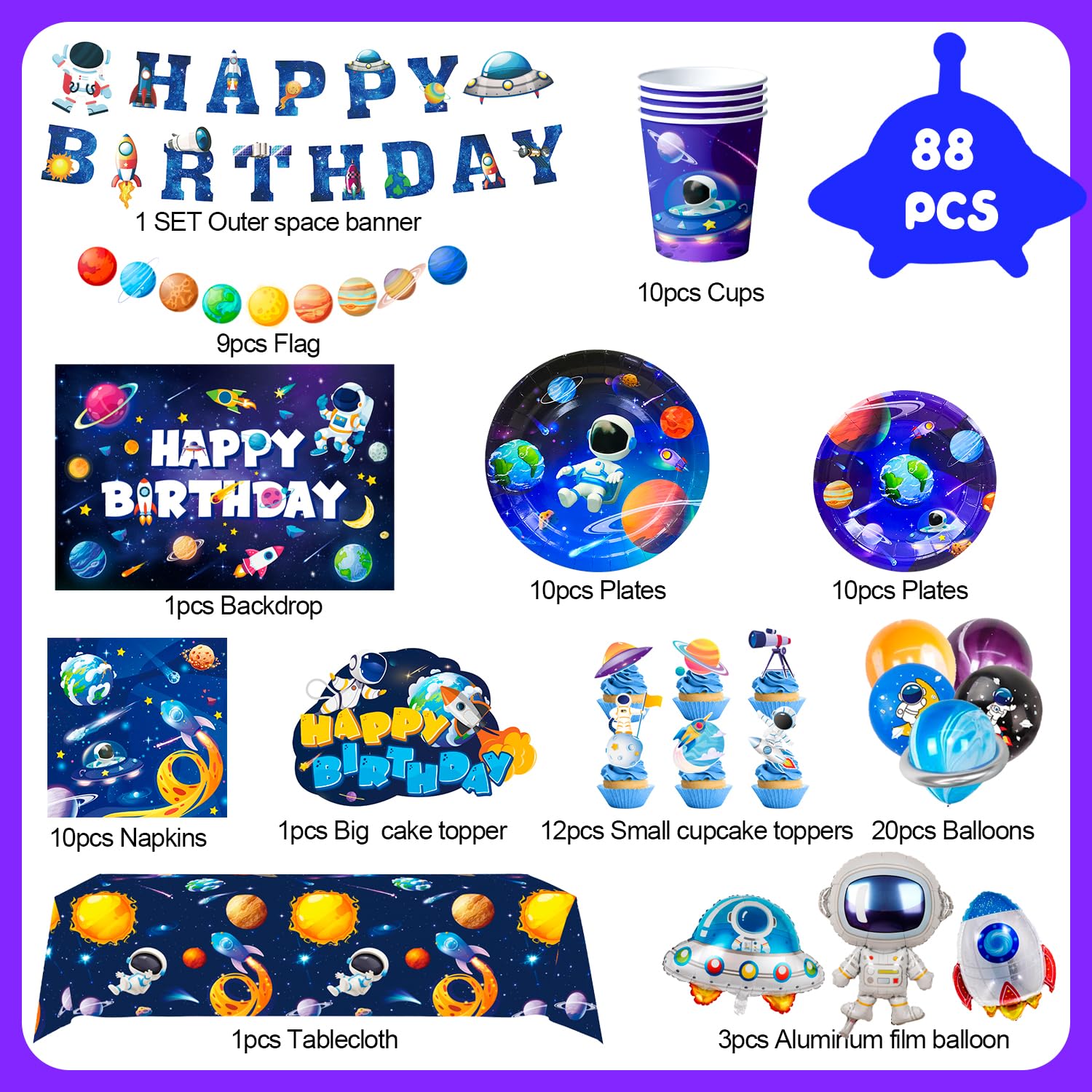 Decorazione Astronauta Festa 88 Pcs Stoviglie Compleanno - Palloncini Astronauta Spazio Compleanno Sfondo Piatti etc. Decorazioni per Feste a Tema Esterno