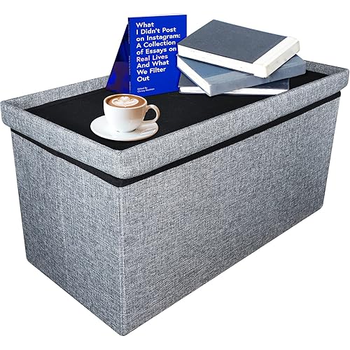 AmasSmile® 30 inches Folding Storage Ottoman Bench, Large Coffee Table Footstool, with 30 Gallon Foldable Storage Space, for Living, Window Seat, Bedroom, Hallway, Max Static Load 600 lbs, Dark Grey