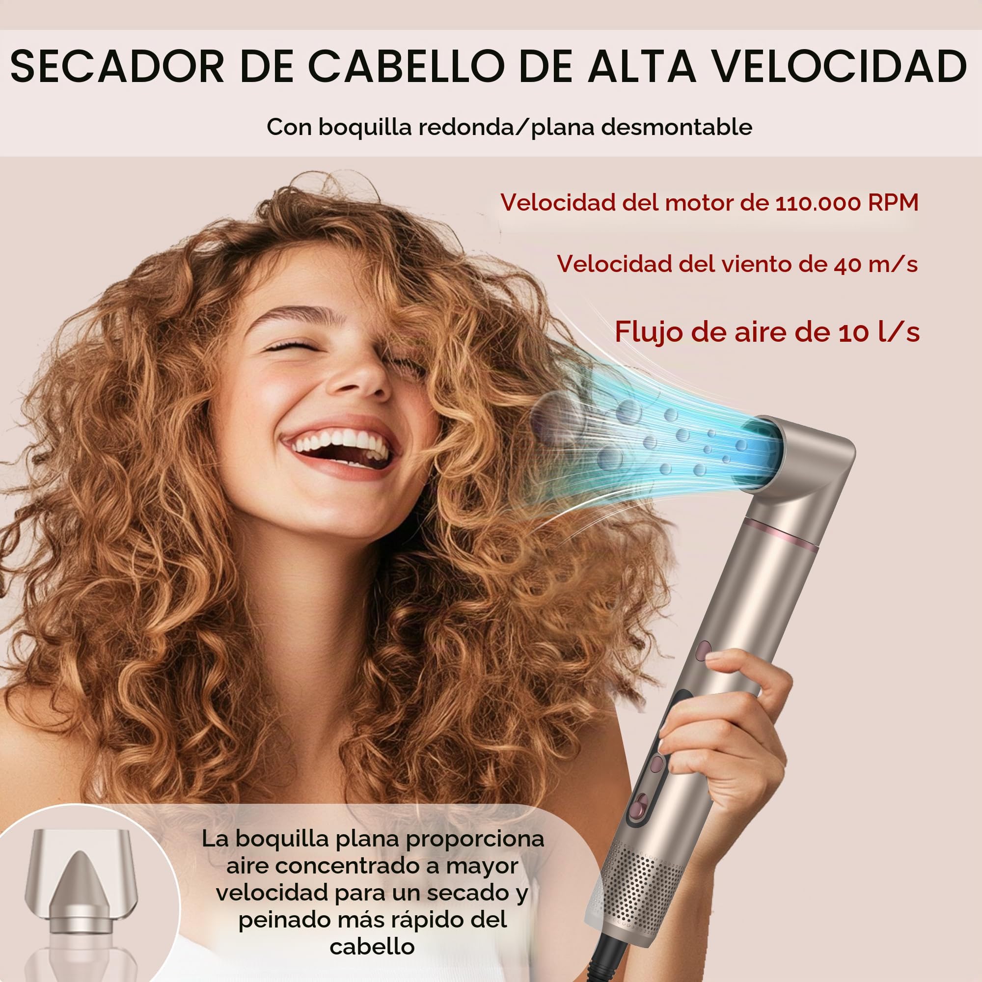 JINYAWA Cepillo Secador de Pelo 6 en 1 - Moldeador Pro con Tecnología Iónica/Temperatura Constante/Digital, 4 Niveles de Calor + Botón Frío, 110,000 RPM, Ergonómico y Liviano - Mango Extra Delgado
