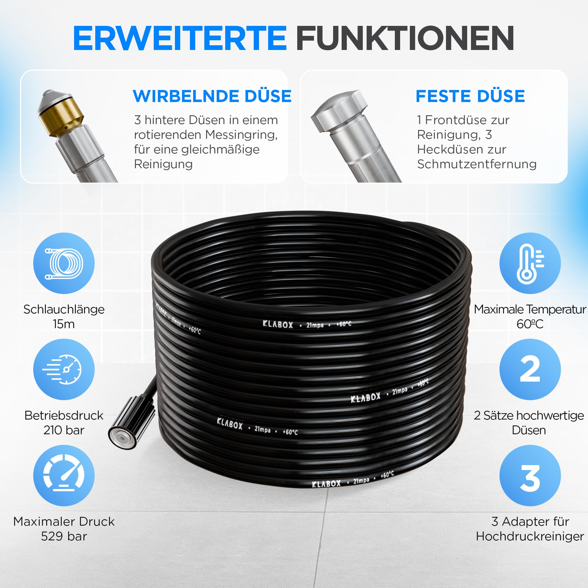 Rohrreinigungsschlauch 15m | Kärcher Rohrreinigungsschlauch für Karcher K2-K7, Lavor, Bosch, Parkside und weitere Marken | Inklusive 3 Adapter, 2 Düsen, 1 Tasche und 1 Teflonband