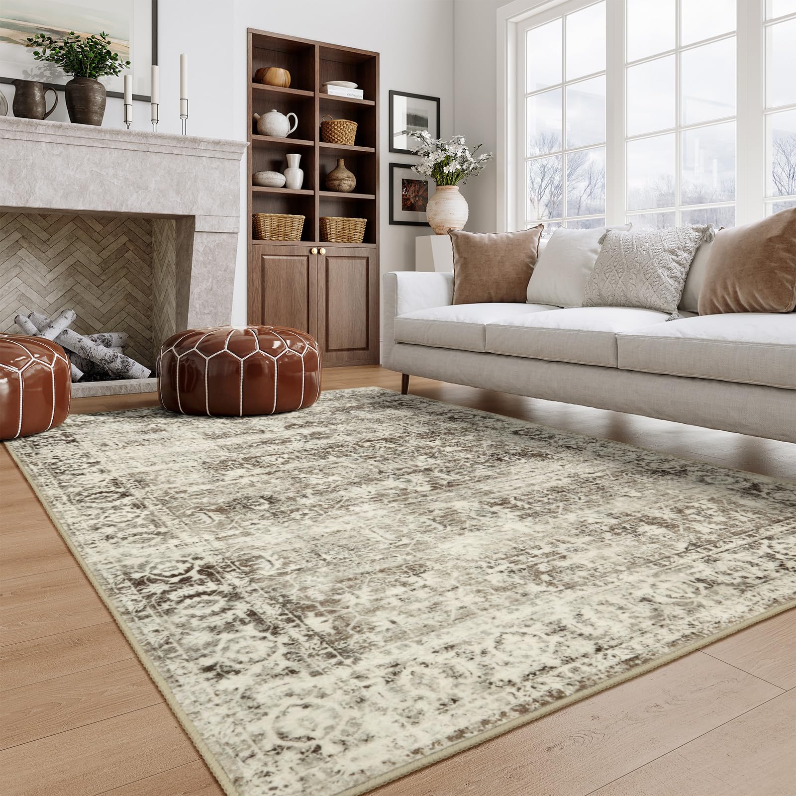 Lahome Washable Rugs 5x7 Boho Living Room Area Rug,Soft Throw Bedroom Area Rug,Retro Distressed Non-Slip Low-Pile Accent Rug Indoor Carpet for Entryway Office Home Decor(5 x 7,Beige)