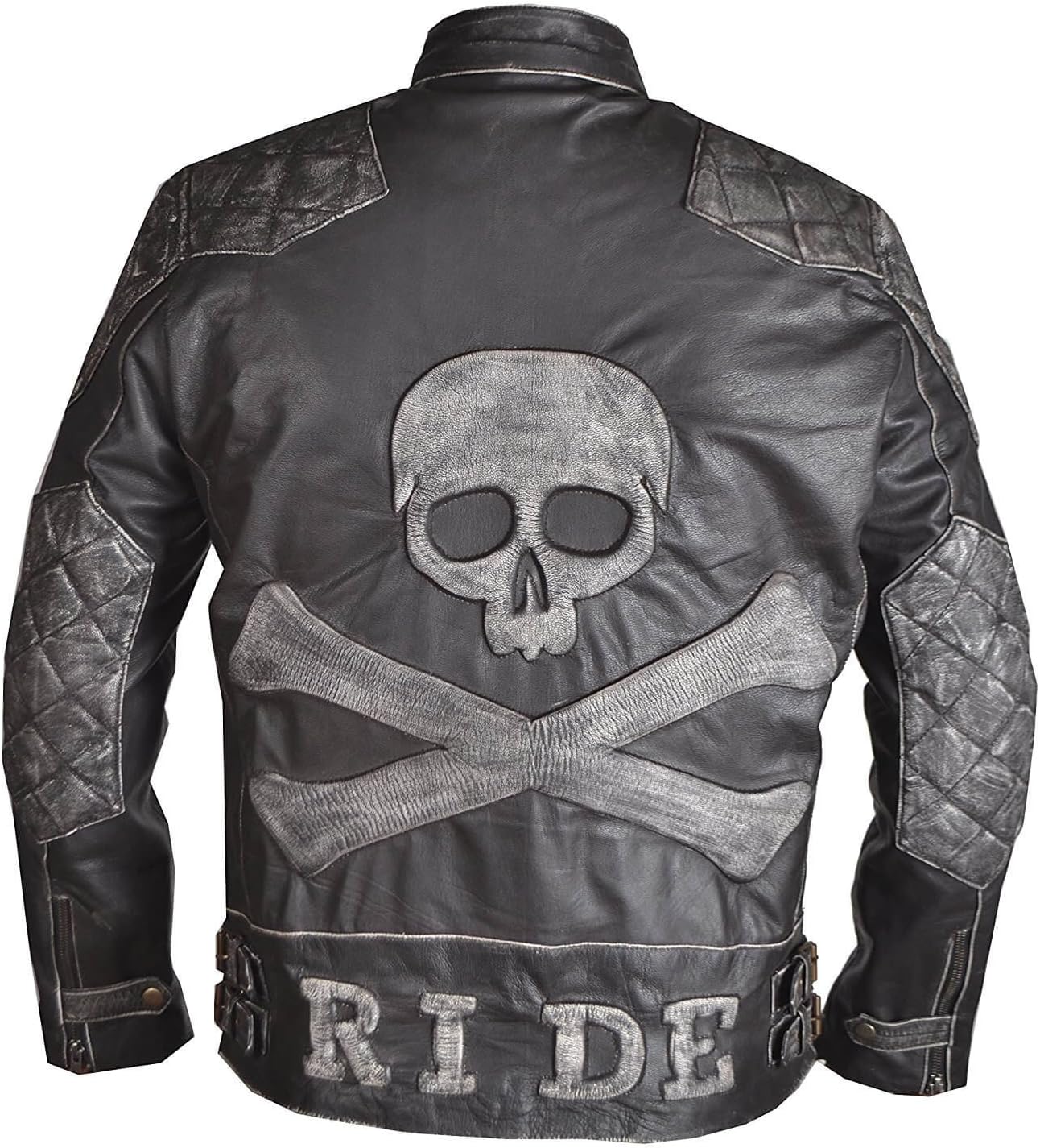 Men Skull and Bones Leather Biker Jacket Reinforced Vintage Jackets for Motorcycle Rider - Genuine Lambskin - Black (X Large)