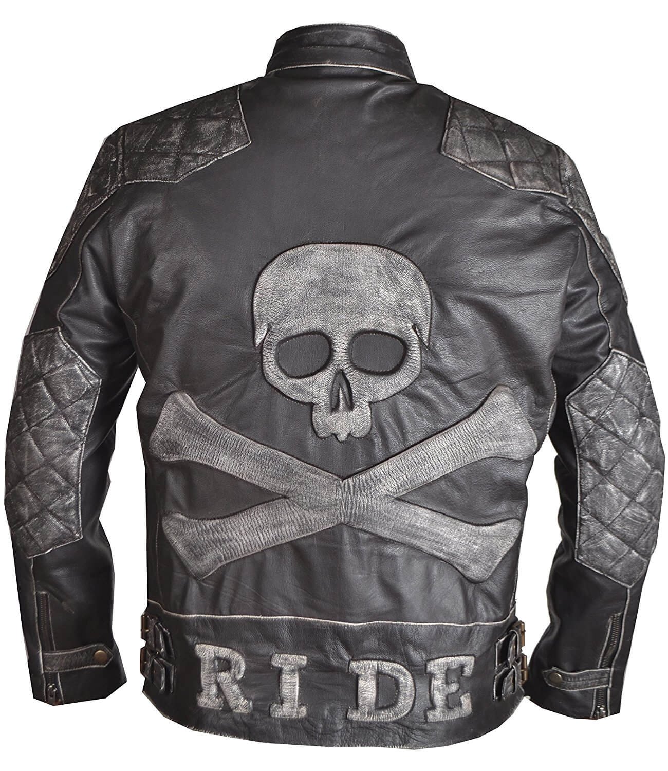 Men Skull and Bones Leather Biker Jacket Reinforced Vintage Jackets for Motorcycle Rider - Genuine Lambskin - Black (X Large)