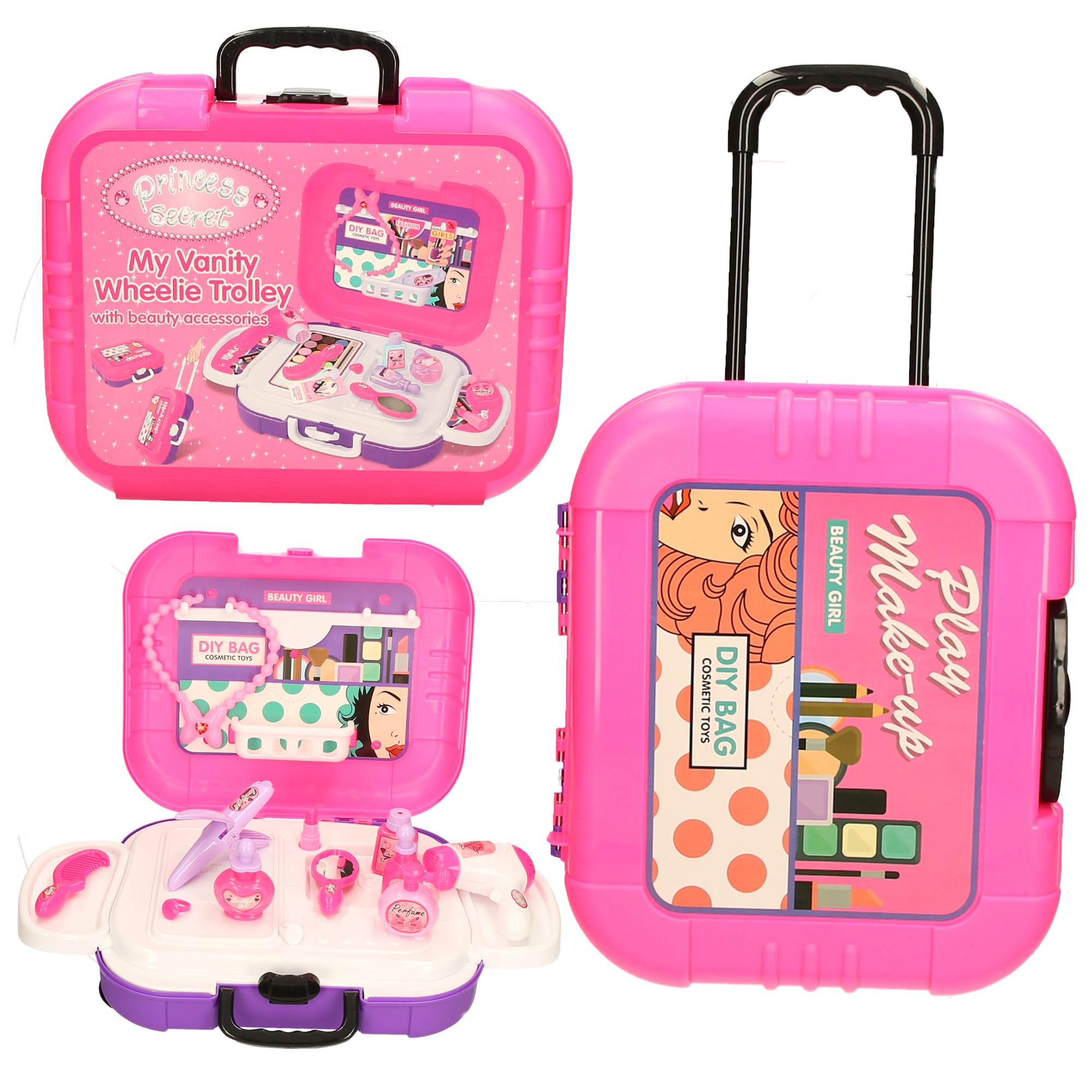 Princess Secret My Vanity Wheelie Trolley, Pink Beauty Play Set with Cosmetic Accessories, DIY Beauty Case