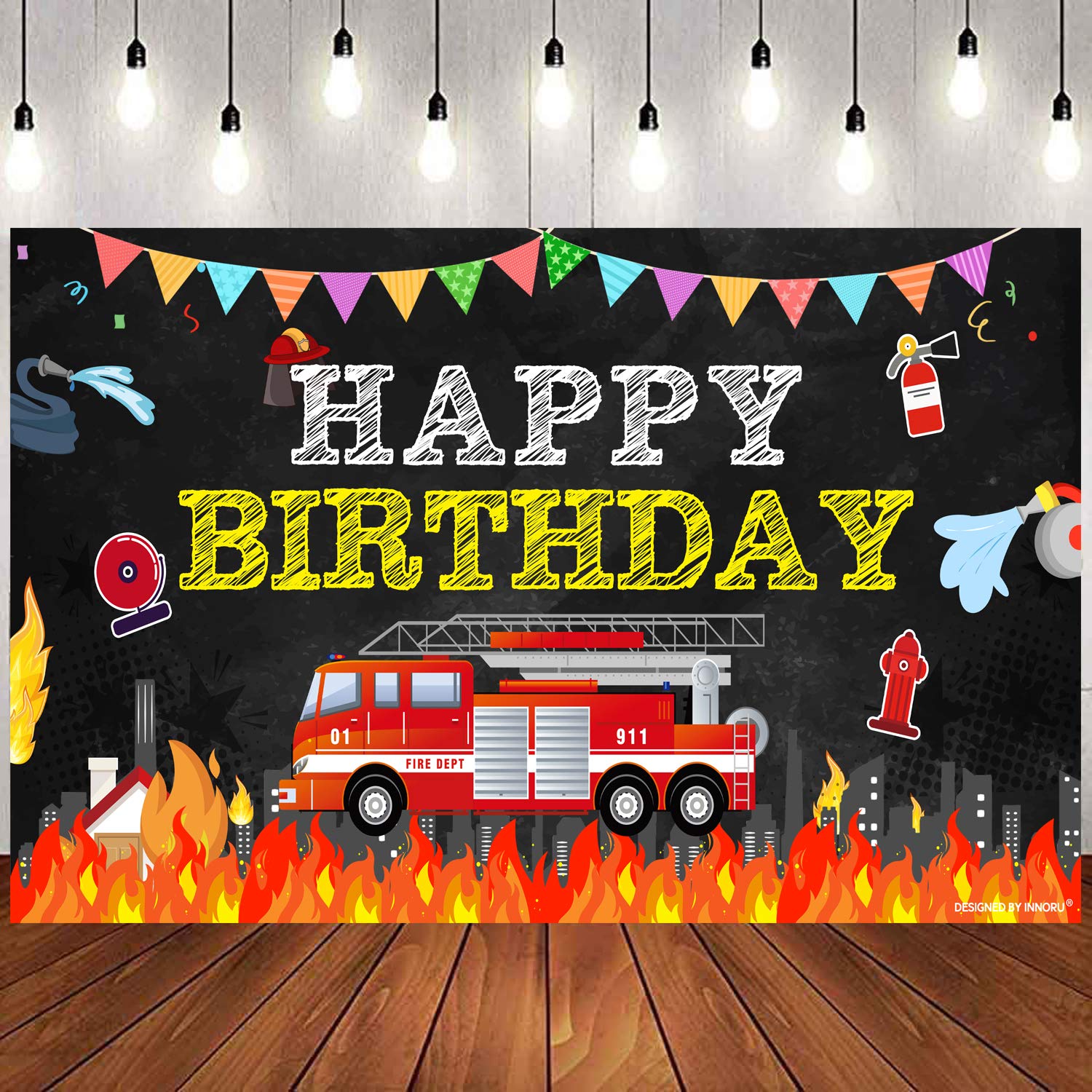 Fire Happy Birthday Photography Backdrop, Fire Truck Theme Indoor Outdoor Birthday Party Decoration, Kids Children's Party Supplies 6X4 ft