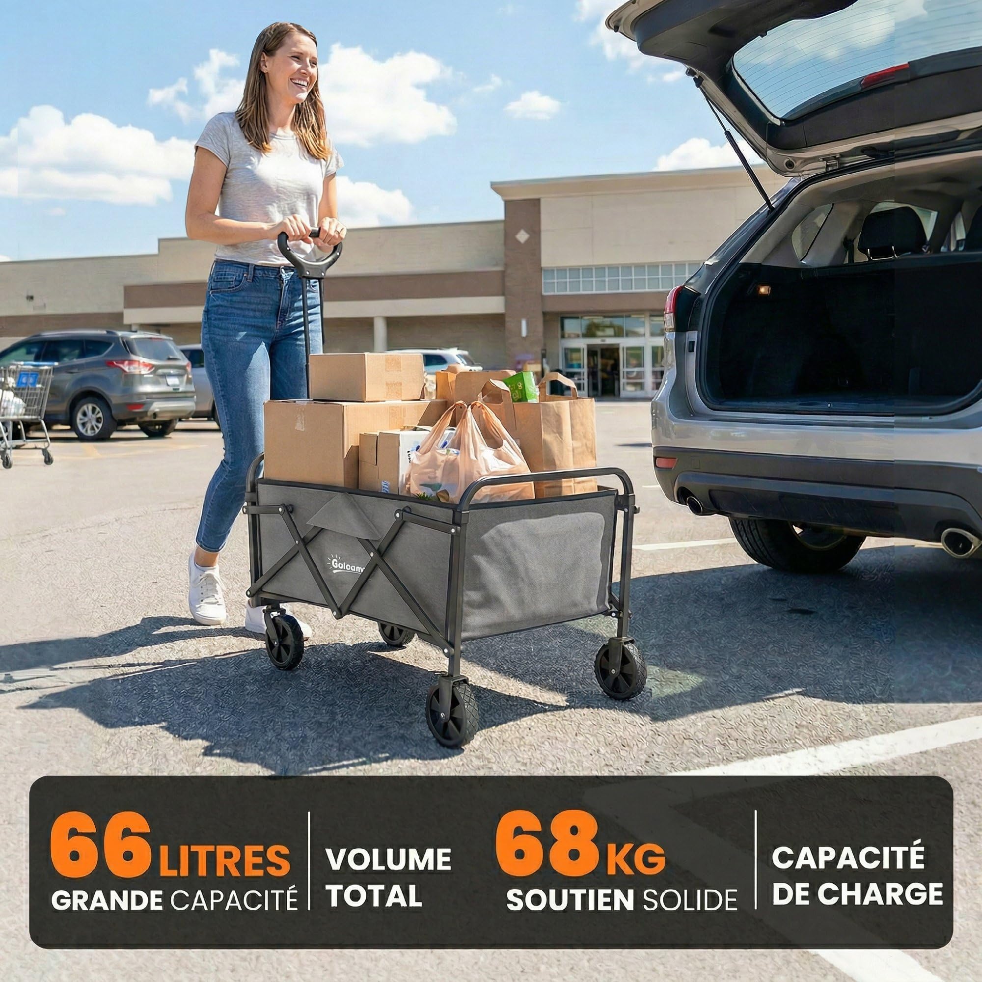 Outsunny Chariot de Jardin Pliable Tout-Terrain - Charrette de Transport Camping 66L Charge 68kg avec Poignée Réglable - Remorque à Main Compacte pour Plage Festival, Gris