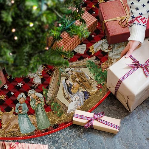 Miniatura 2 de AVOIN colorlife Falda de árbol de Navidad a cuadros de búfalo de 48 pulgadas, decoración de árbol de Navidad cristiano de Jesús
