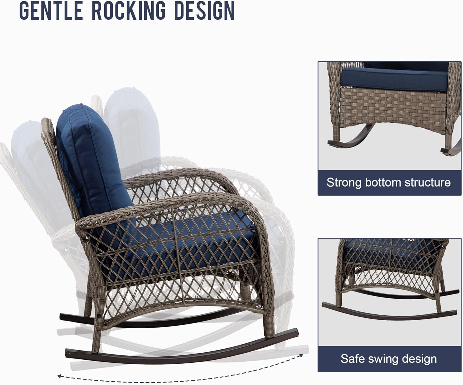 Wicker Rocking Chair with Cushion for Outdoor Patio - Rattan Rocker Chair for Porch, Deck, Balcony, Backyard - Wicker Furniture for Relaxation