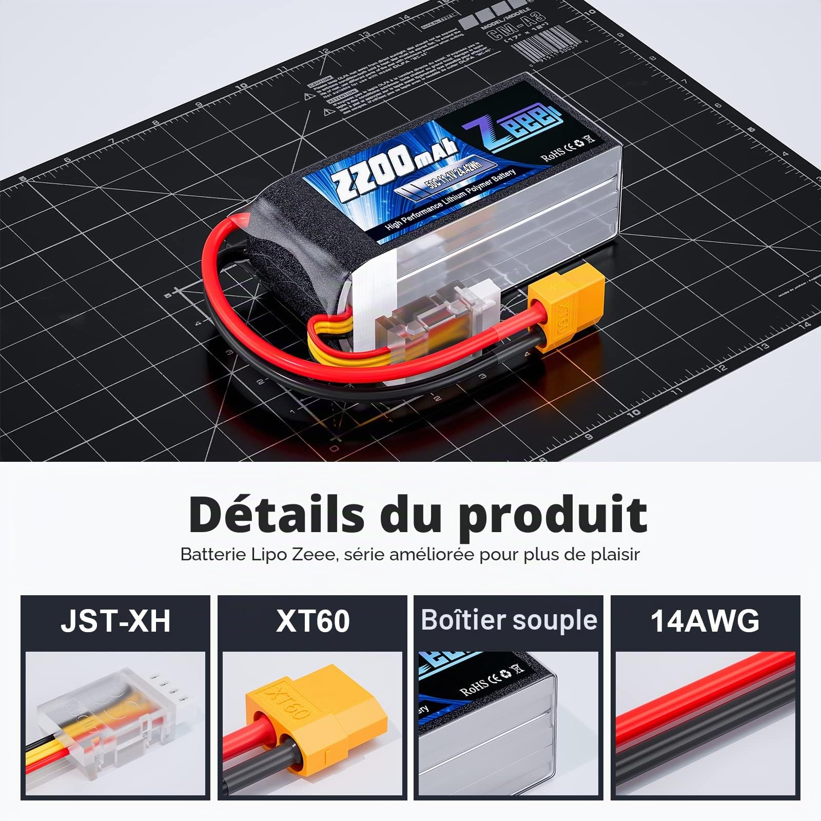 Zeee 3S Lipo Batterie 50C 2200mAh 11.1V XT60 RC Batterie Courte (2 pcs)