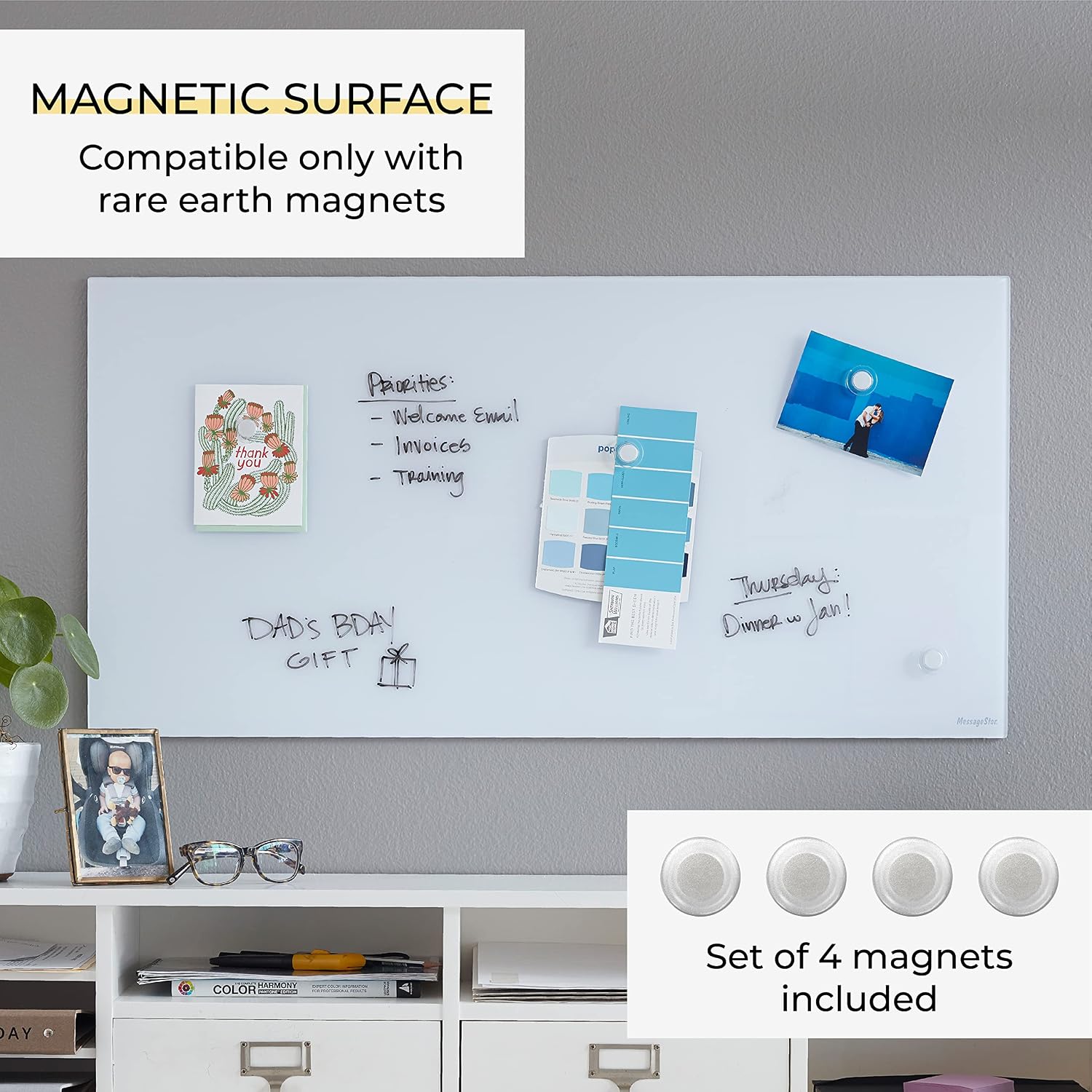 ECR4Kids MessageStor Dry-Erase Glass Board and Magnets, Office Essentials, White