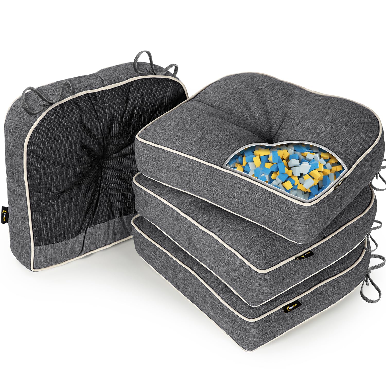 sunrox lokgrip non slip gel memory foam chair cushions for tailbone pain relief, tufted stain resistant thicken durable seat pad cushion for kitchen dining office 17"x16" set of 4, heather charcoal