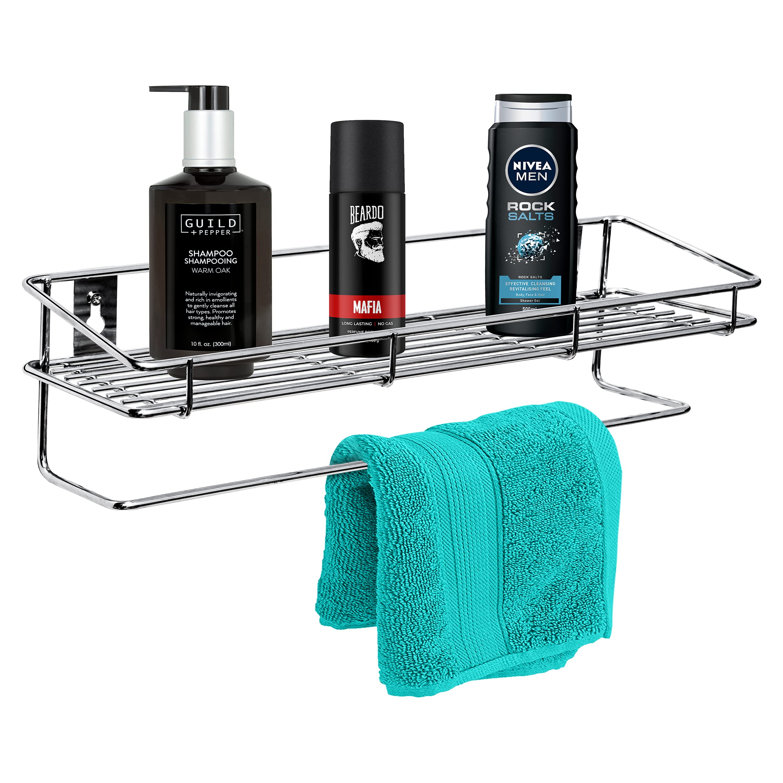 Plantex Self Adhesive Bathroom Shelf/Stainless Steel Shelf with Towel Rod/Napkin Holder/Kitchen Shelves & Racks/Kitchen Stand/Rack (Chrome)