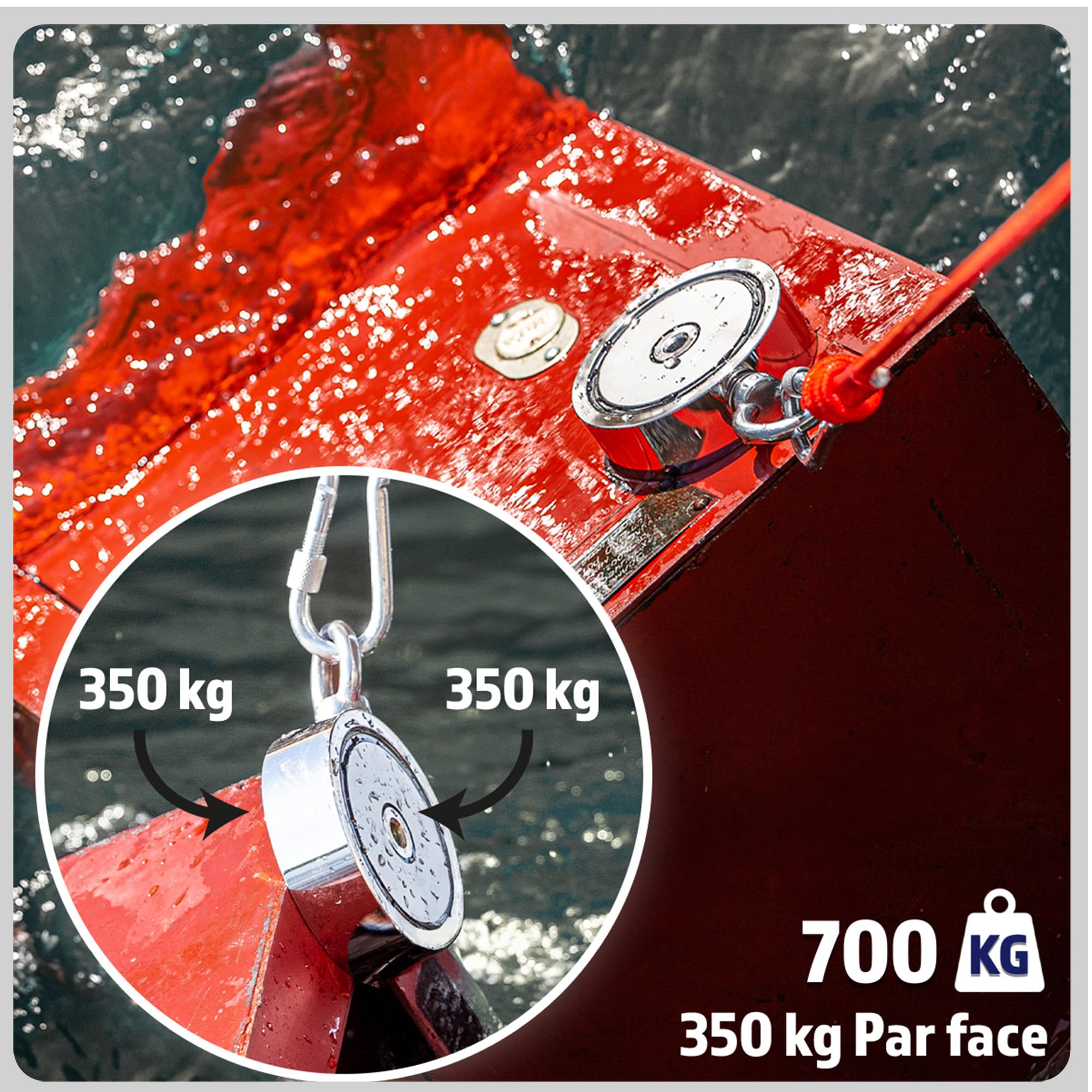 MAGFISHION Aimant Neodyme Puissant - Traction de 700KG (2 x 350KG) - Aimant de Pêche - Ø94mm - Peche a l'aimant avec 2 Cordes, Crochet Triple et Gants - Kit de Pêche Super Magnétique
