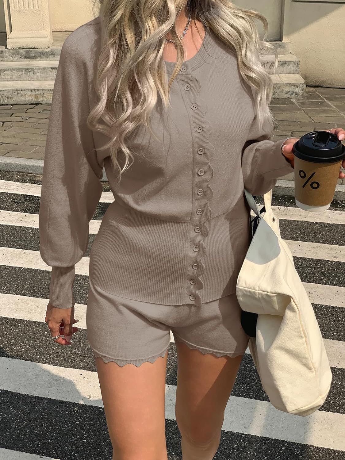 Tankaneo Womens 2 Piece Sweater Sets Casual Fall Outfits Button Down Long Puff Sleeve Knit Cardigan Shorts Loungewear - Image 4