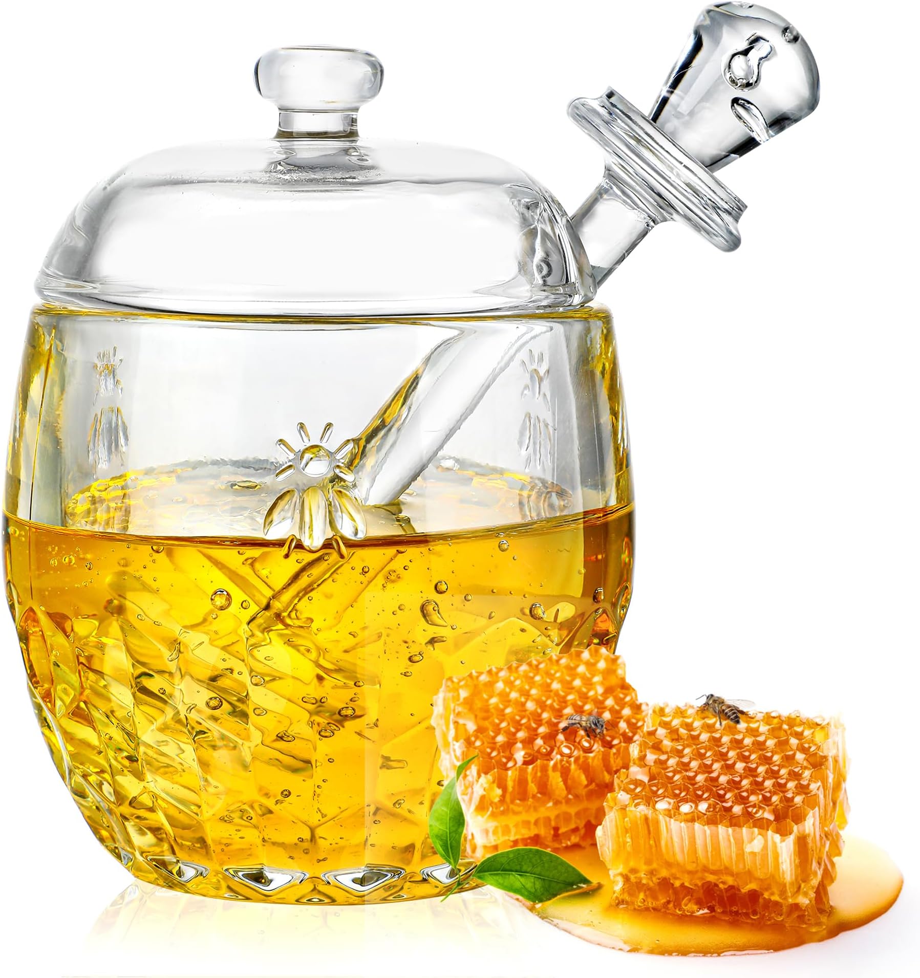 kanpura Honey Pot with Dipper and Lid Glass Honey Jar with Dipper Wide Mouth Honey Containers Airtight Syrup Honey Dispenser for Christmas Home Kitchen(7.5 OZ)