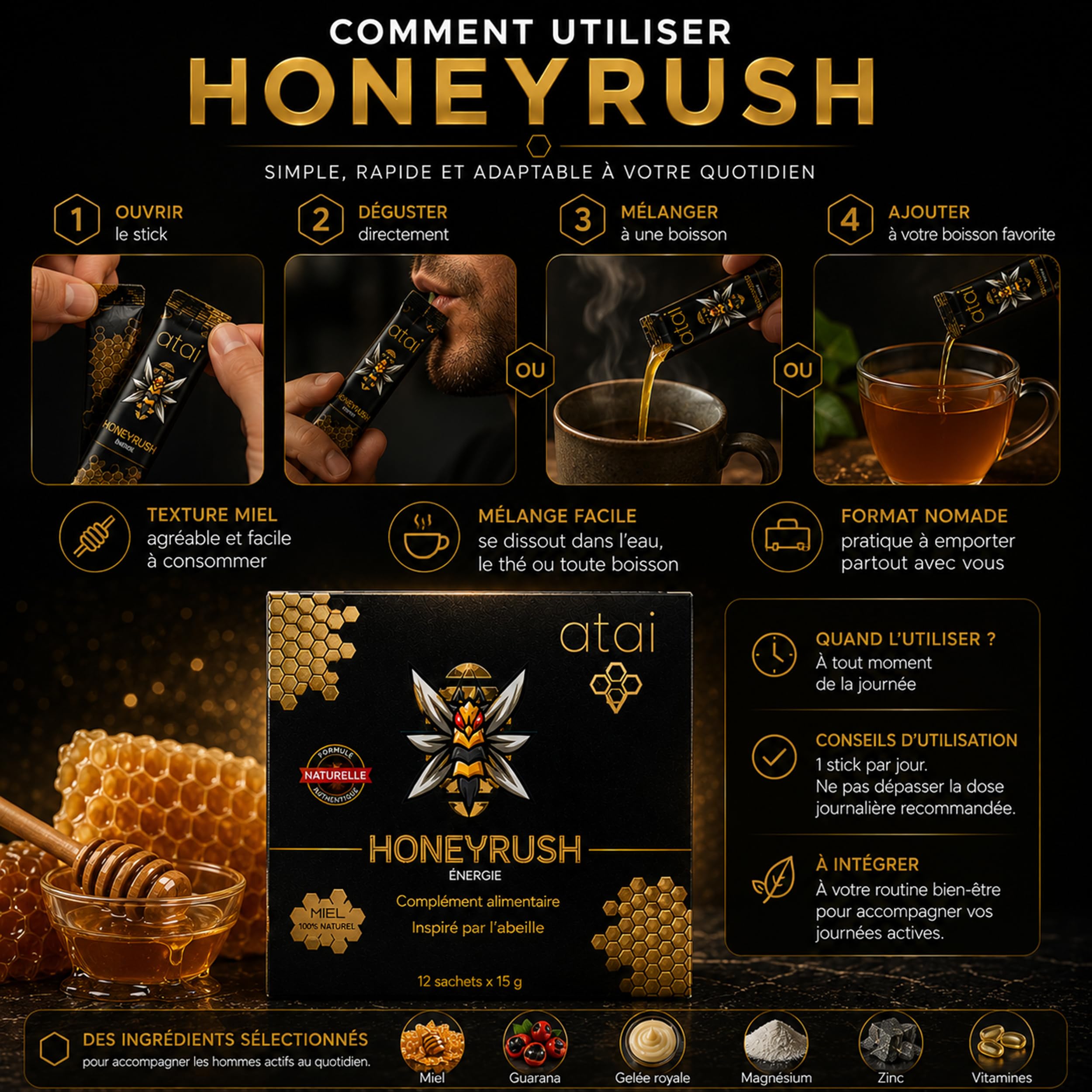 TONUS HOMME HONEY RUSH Miel, gélée royale, Guarana, Maca, Zinc, Vitamines B6,B12,C 12 Sachets 15 g
