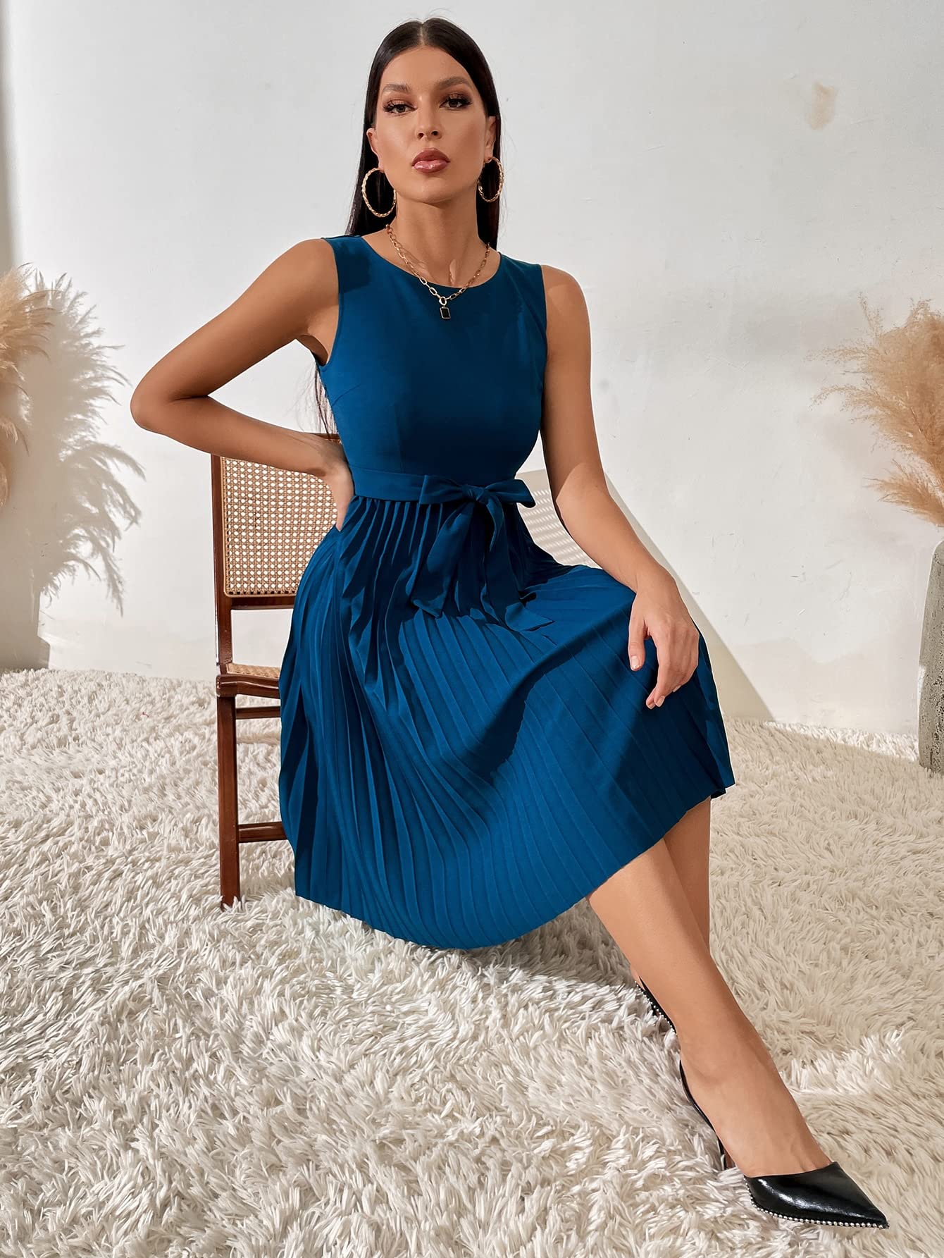Amazon.com: Women's Dresses Pleated Hem Belted Dress Dress for Women (Color  : Navy Blue, Size : X-Small) : Clothing, Shoes & Jewelry