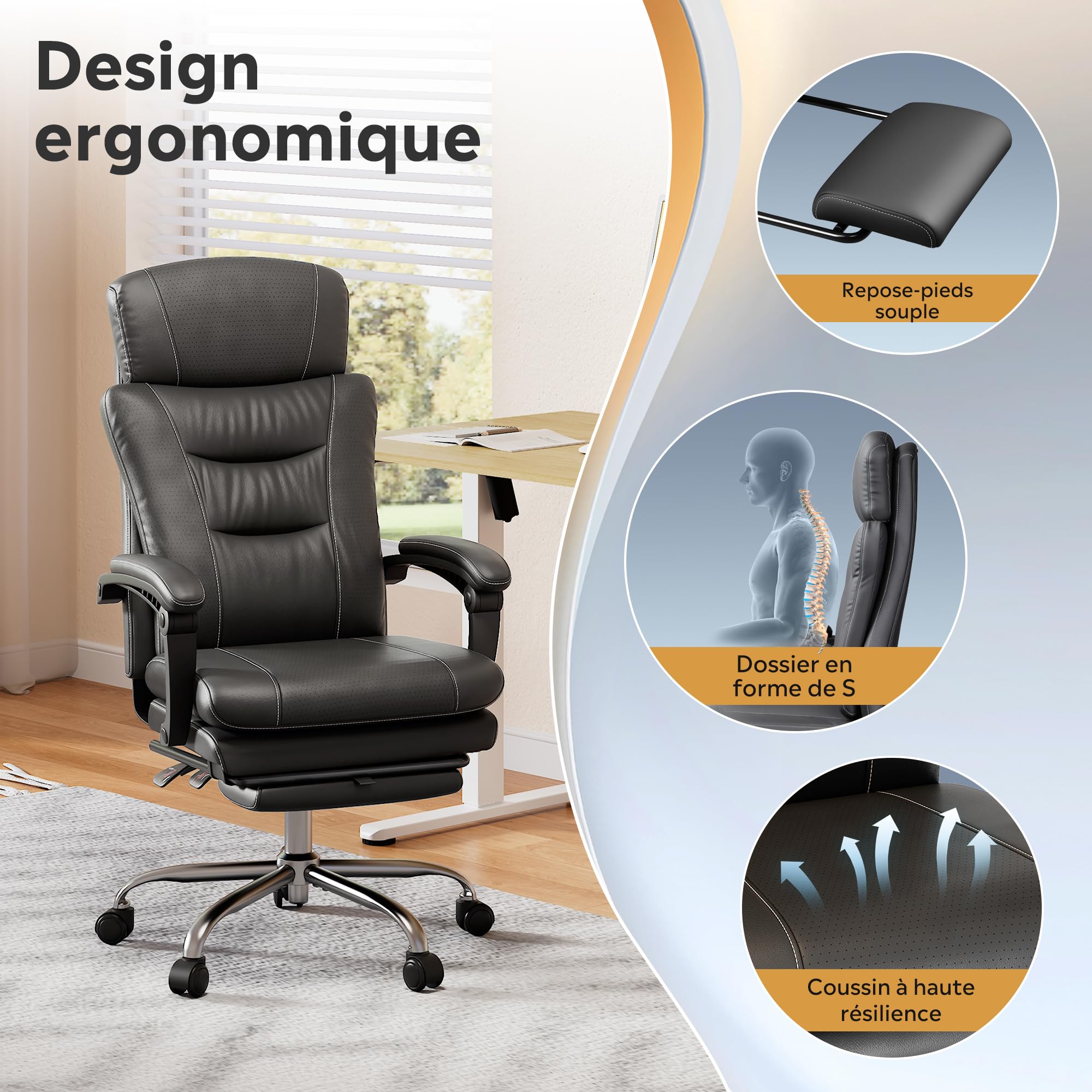 DEVAISE Silla de Oficina Ejecutiva, Silla ergonomica Escritorio Inclinable de 90° a 145°, Altura Ajustable con Reposacabezas, Soporte Resistente hasta 180 kg, Negro