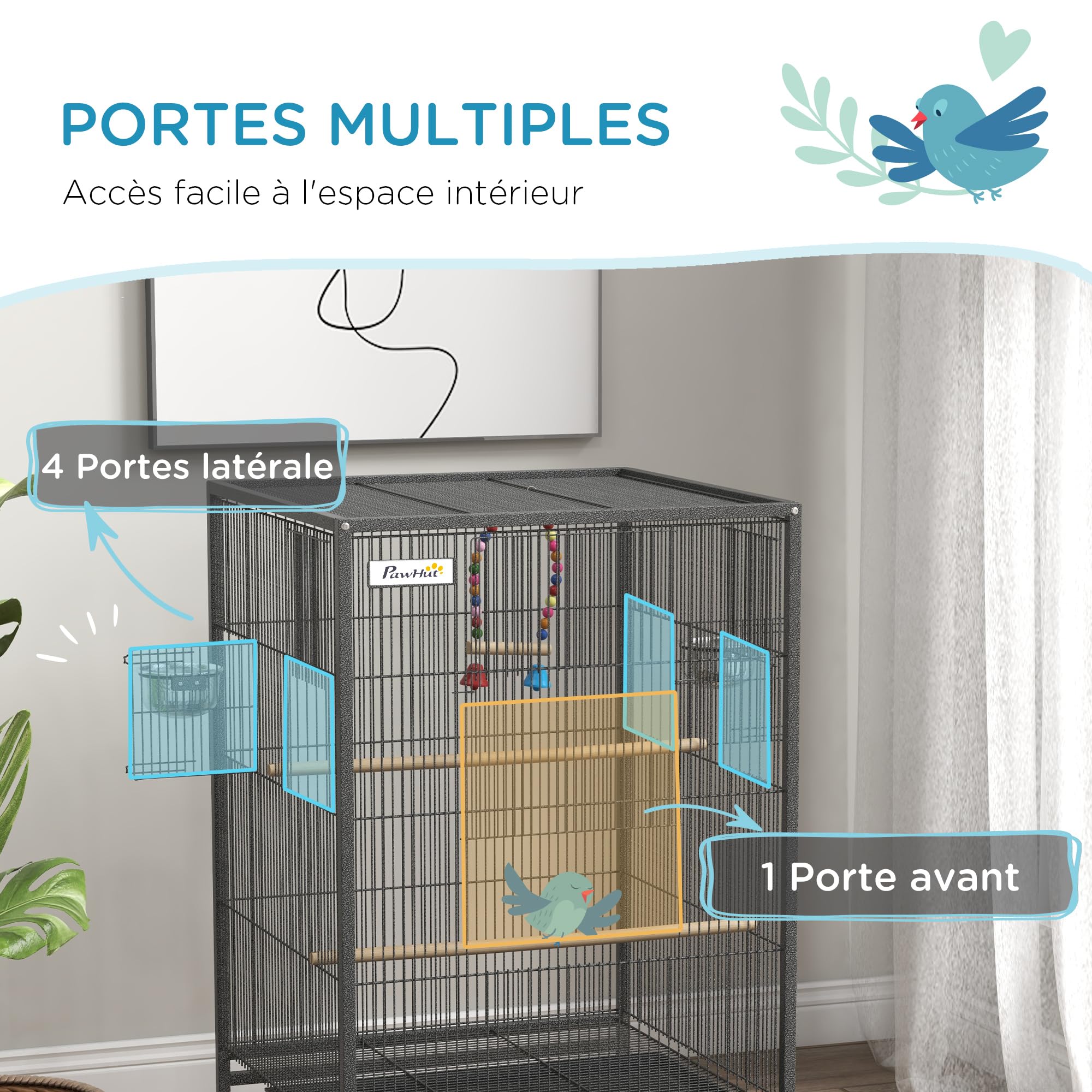 PawHut Cage à Oiseau sur Pied Cage sur roulettes avec balançoire, perchoirs, Portes, Bols et Plateau Coulissant, volière pour pinsons canaris inséparables, perruches 48 x 46 x 78 cm en Acier Noir