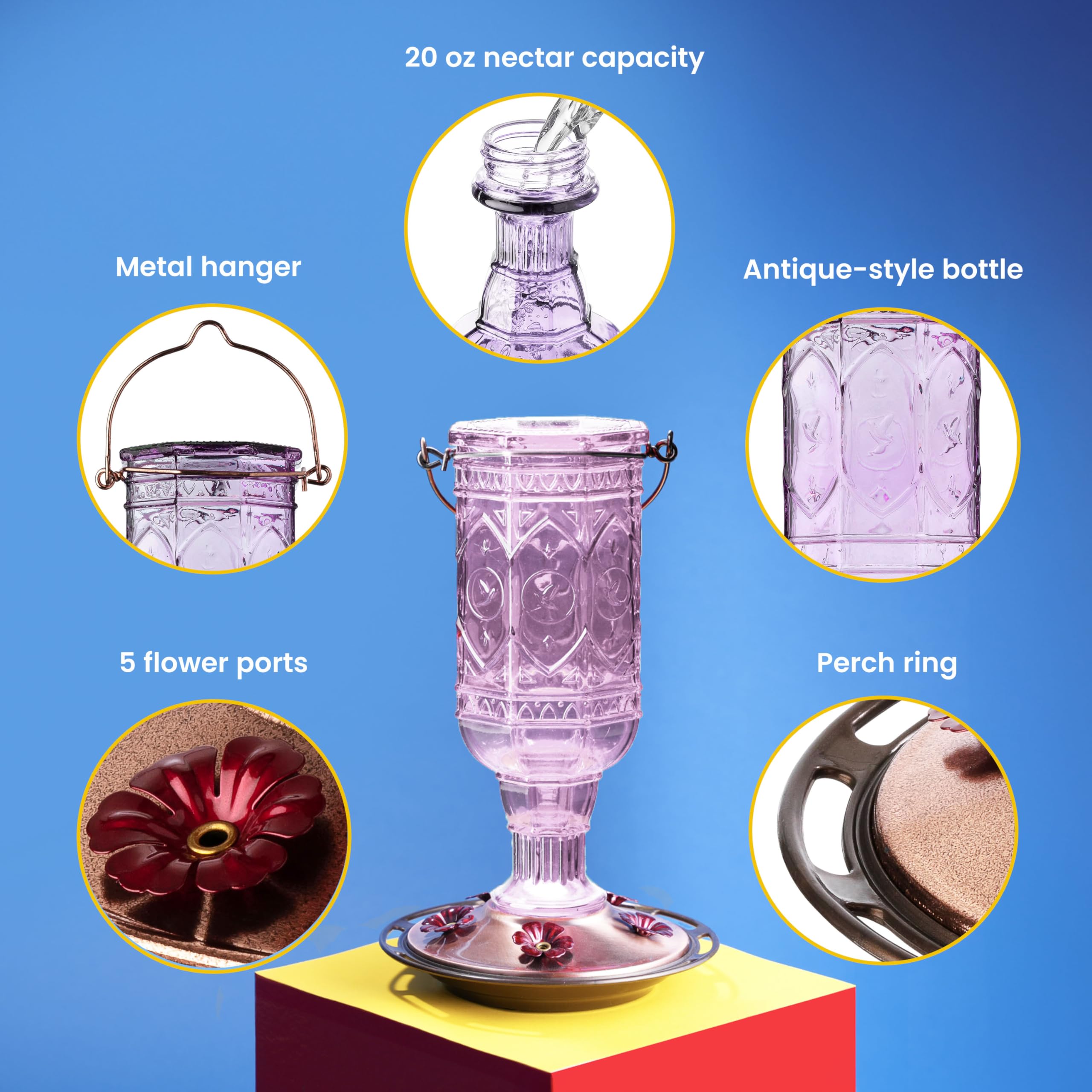 More Birds Amethyst Jewel - Comedero para colibríes, comederos de Vidrio para colibríes para Exteriores, 5 Estaciones de alimentación, 20 onzas